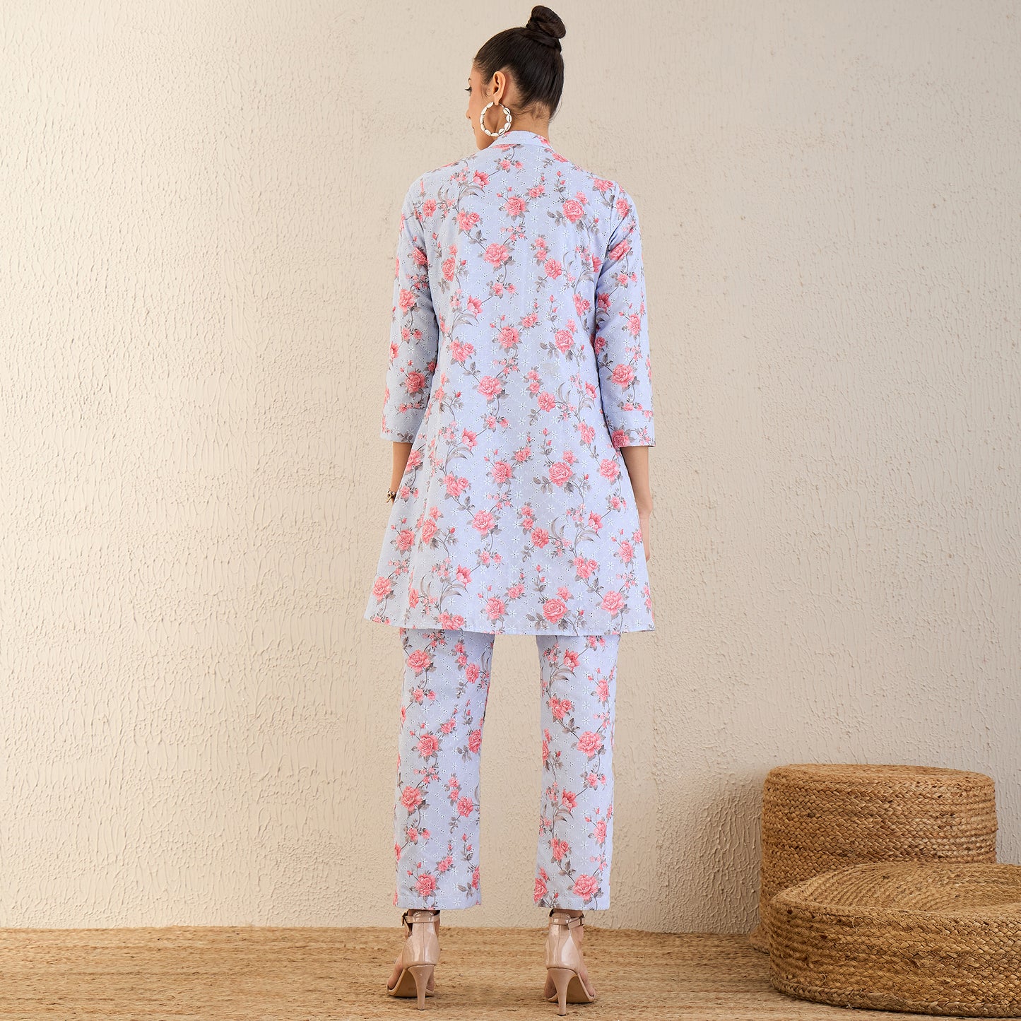 Ice Blue and Pink Floral Print Schiffli Co-ordinate Set