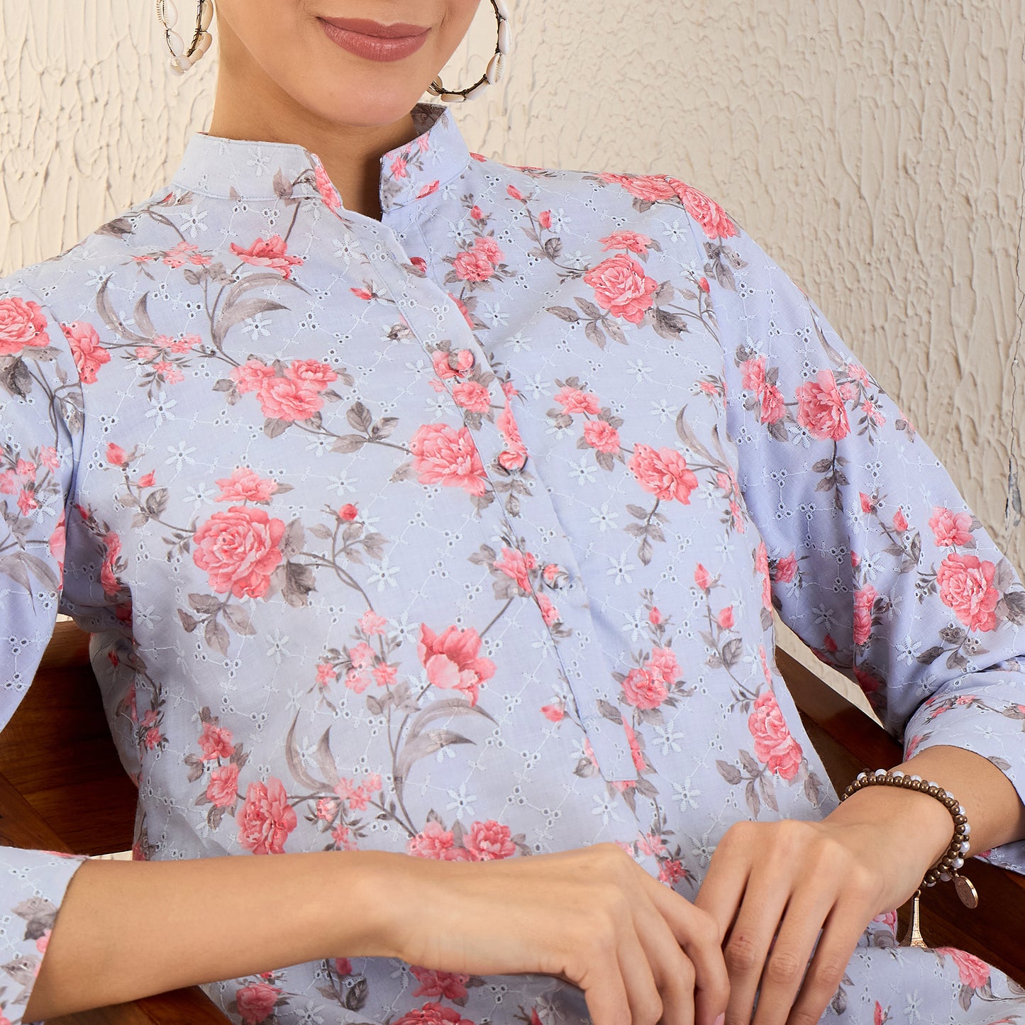 Ice Blue and Pink Floral Print Schiffli Co-ordinate Set