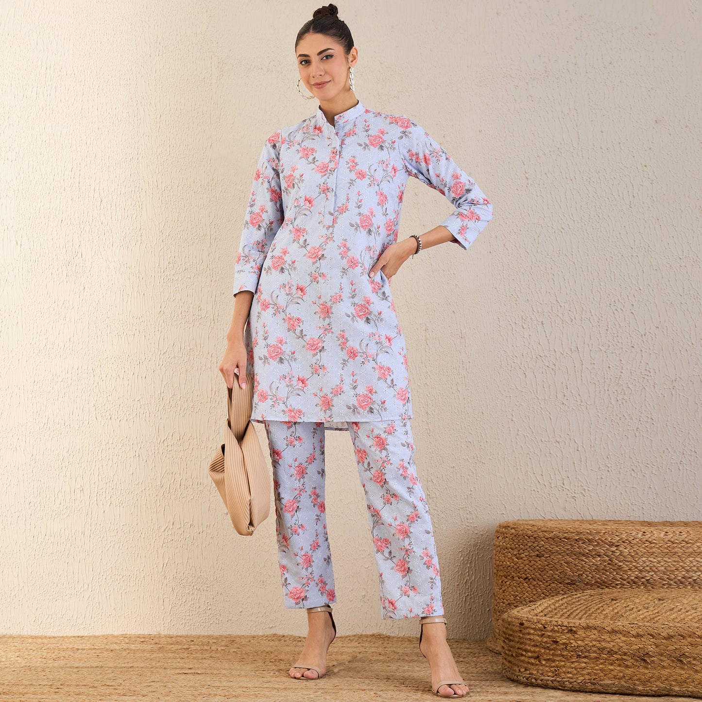 Ice Blue and Pink Floral Print Schiffli Co-ordinate Set