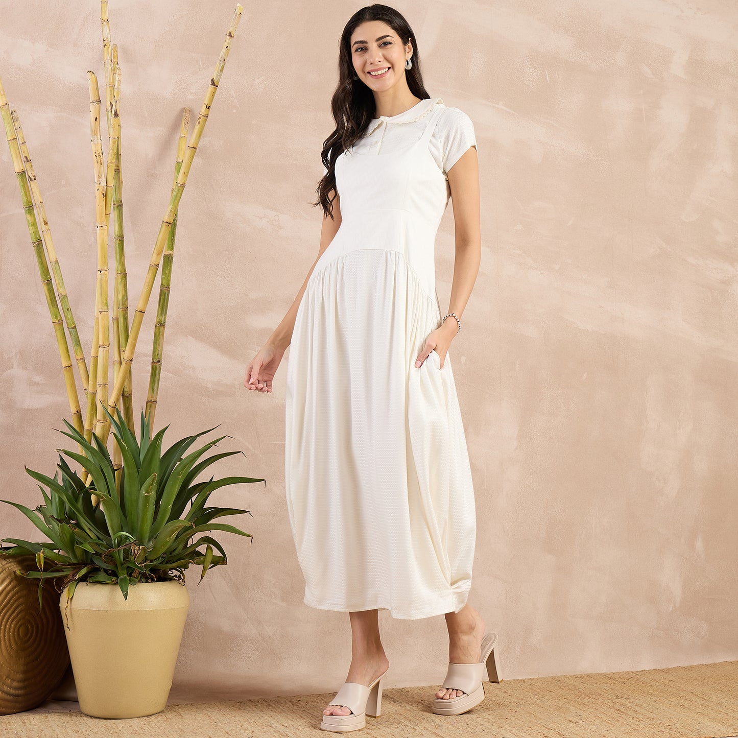 Off-White Textured Set for Women – 100% Sugarcane – Model View | First Resort by Ramola Bachchan