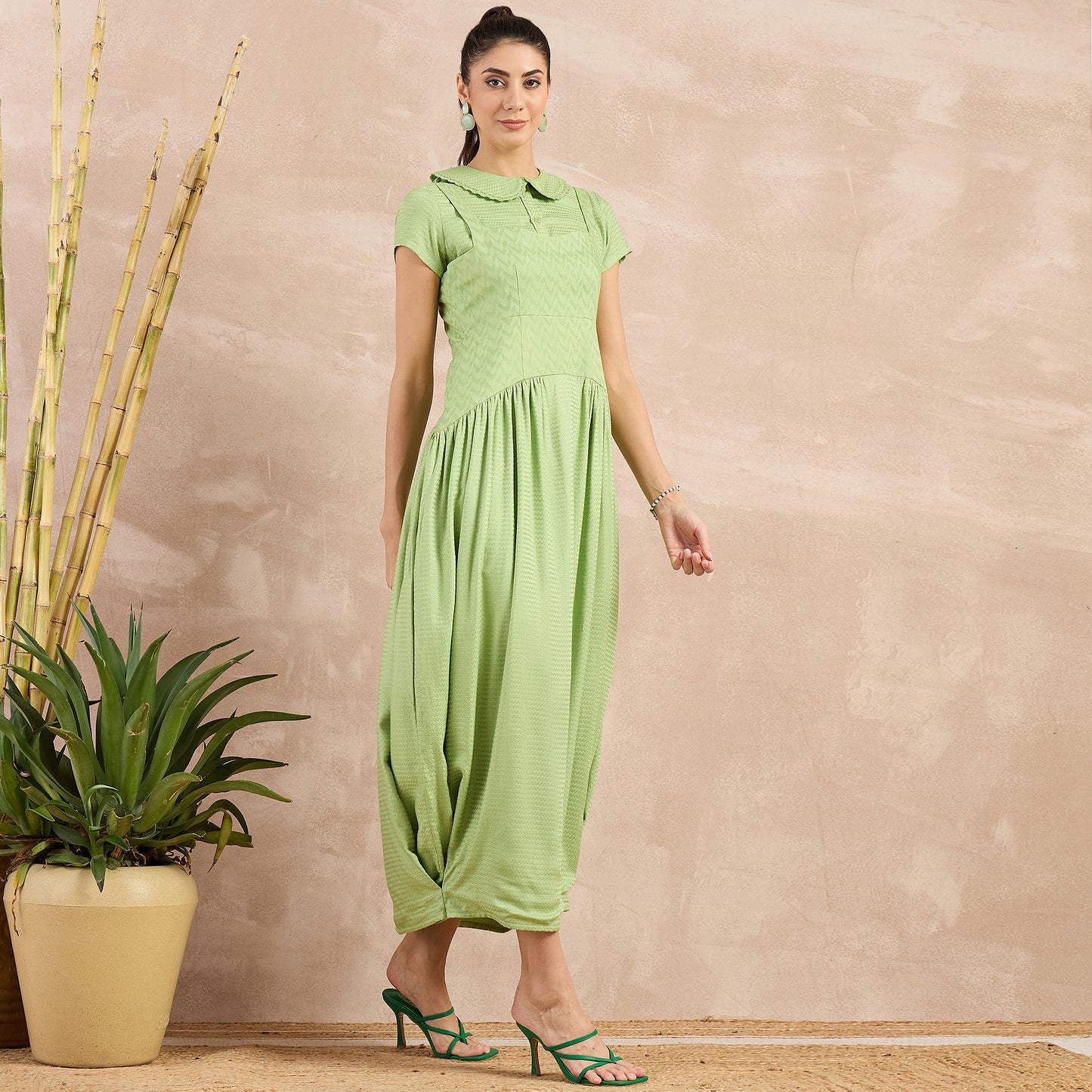 Pastel Green Textured Set for Women – 100% Sugarcane – Side View | First Resort by Ramola Bachchan