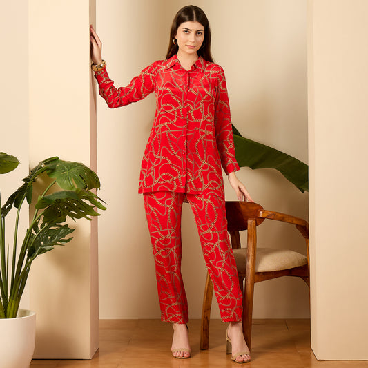 Red Chain Print Shirt and Pants Co-ord Set