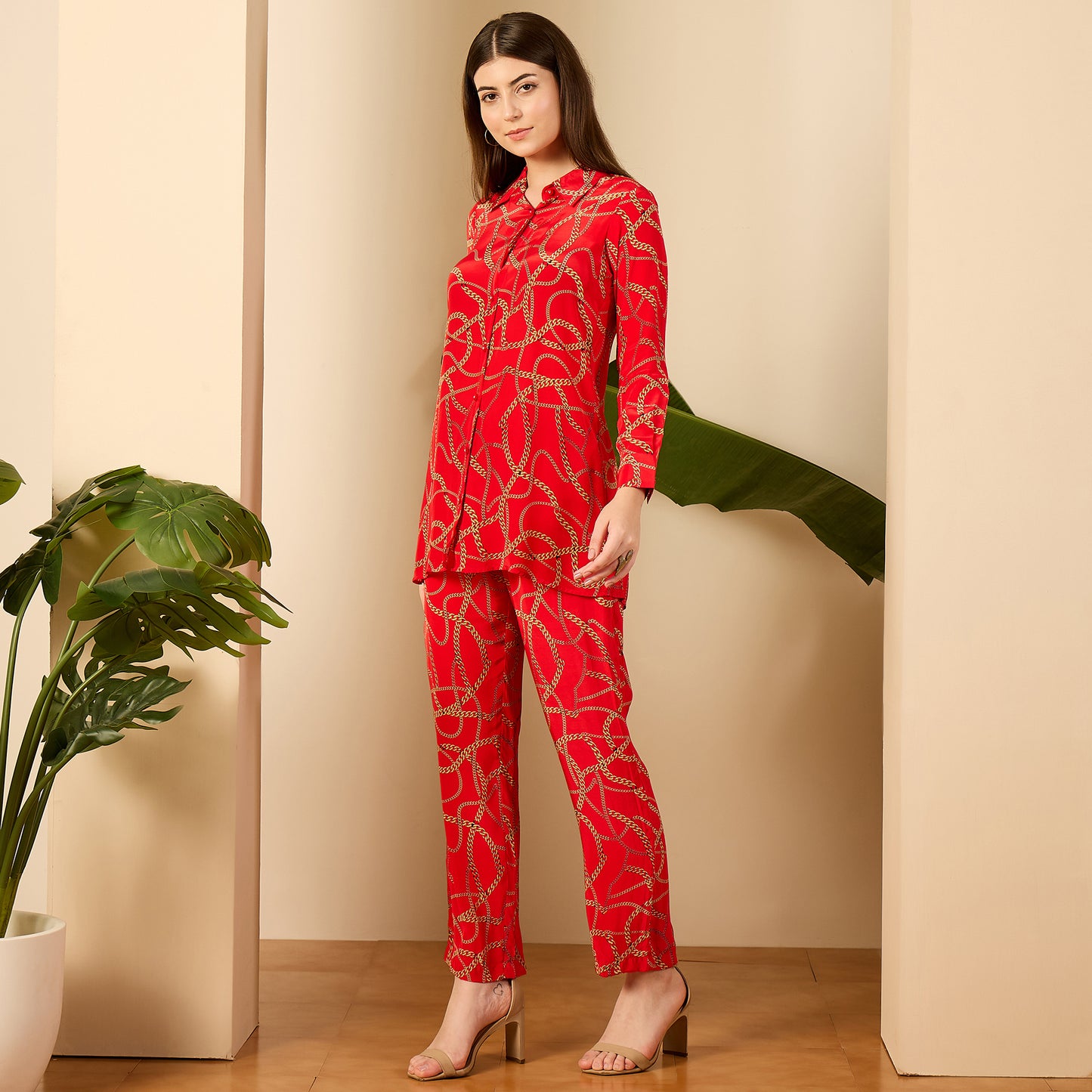 Red Chain Print Shirt and Pants Co-ord Set