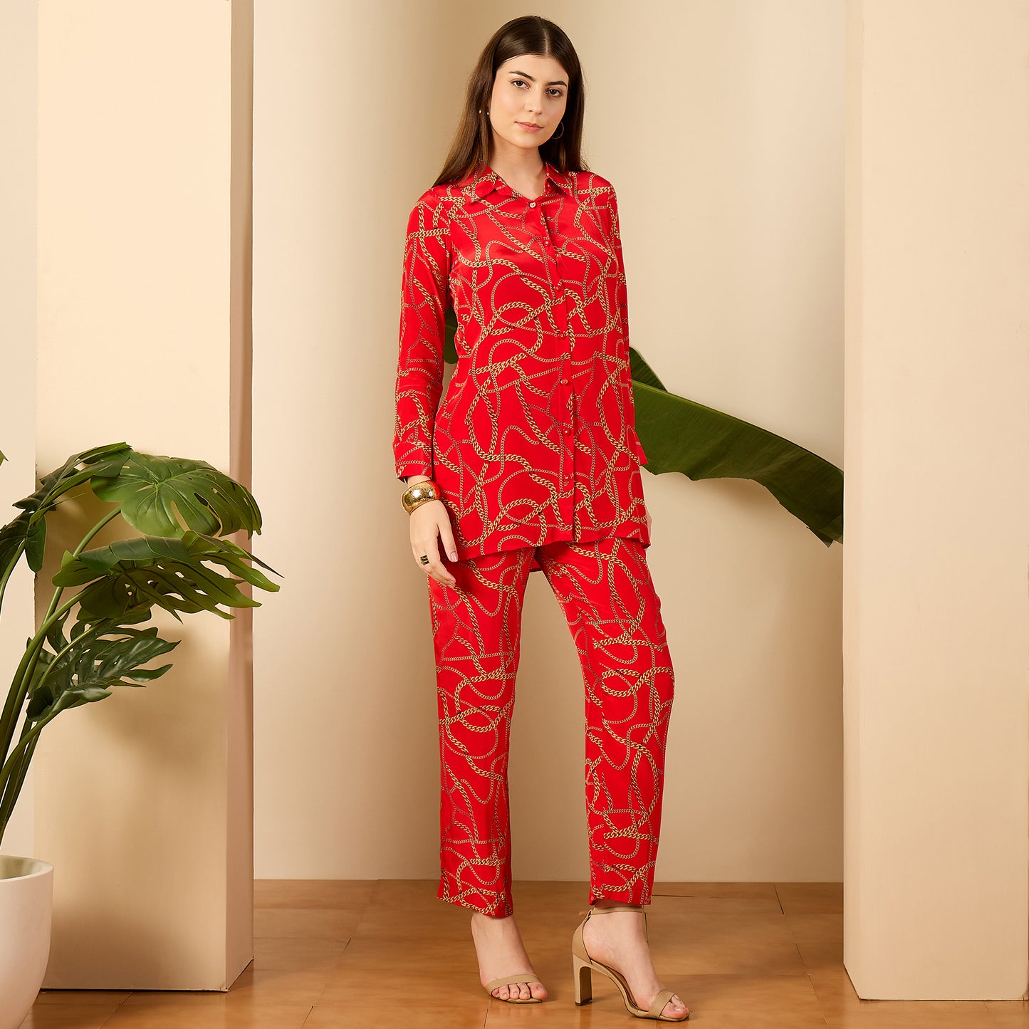 Red Chain Print Shirt and Pants Co-ord Set
