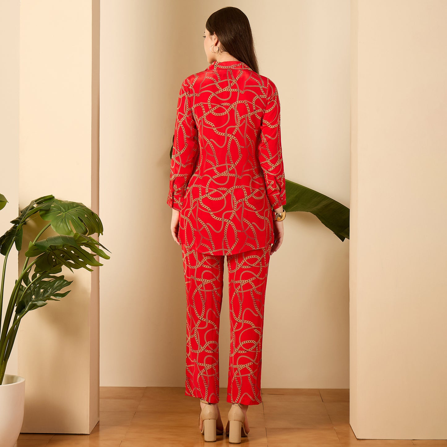 Red Chain Print Shirt and Pants Co-ord Set