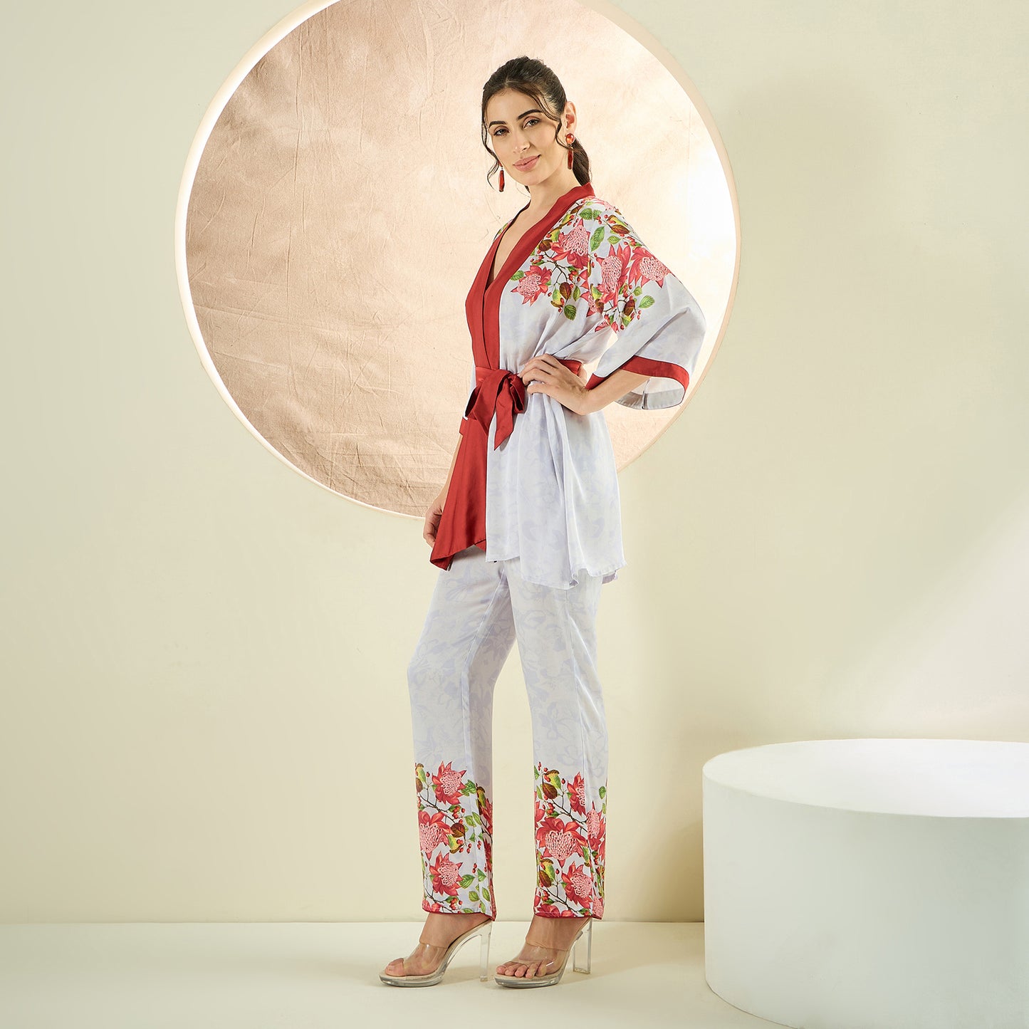 Rust Red and White Floral Kimono Top and Pants Set