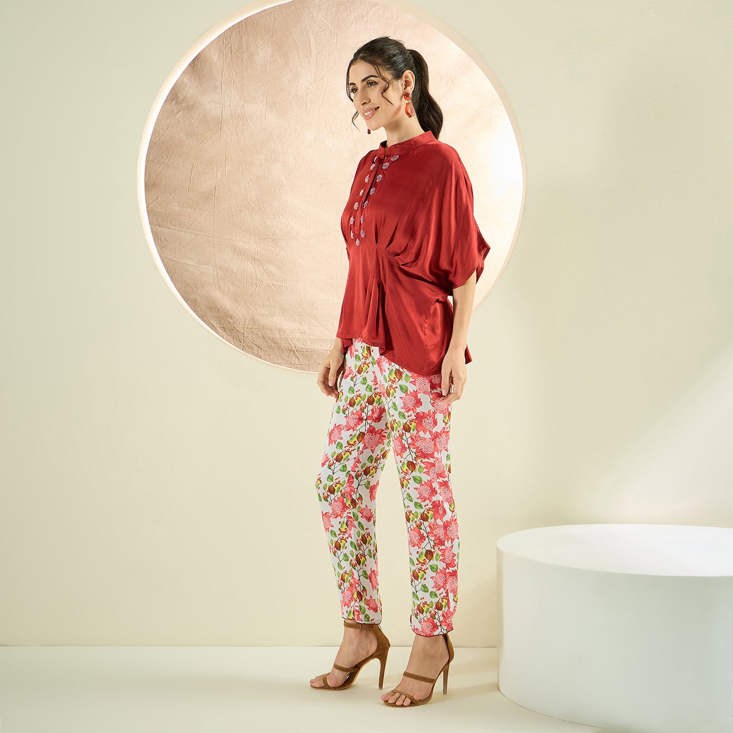Rust Red Hand Embroidered Top and Floral Pants Set