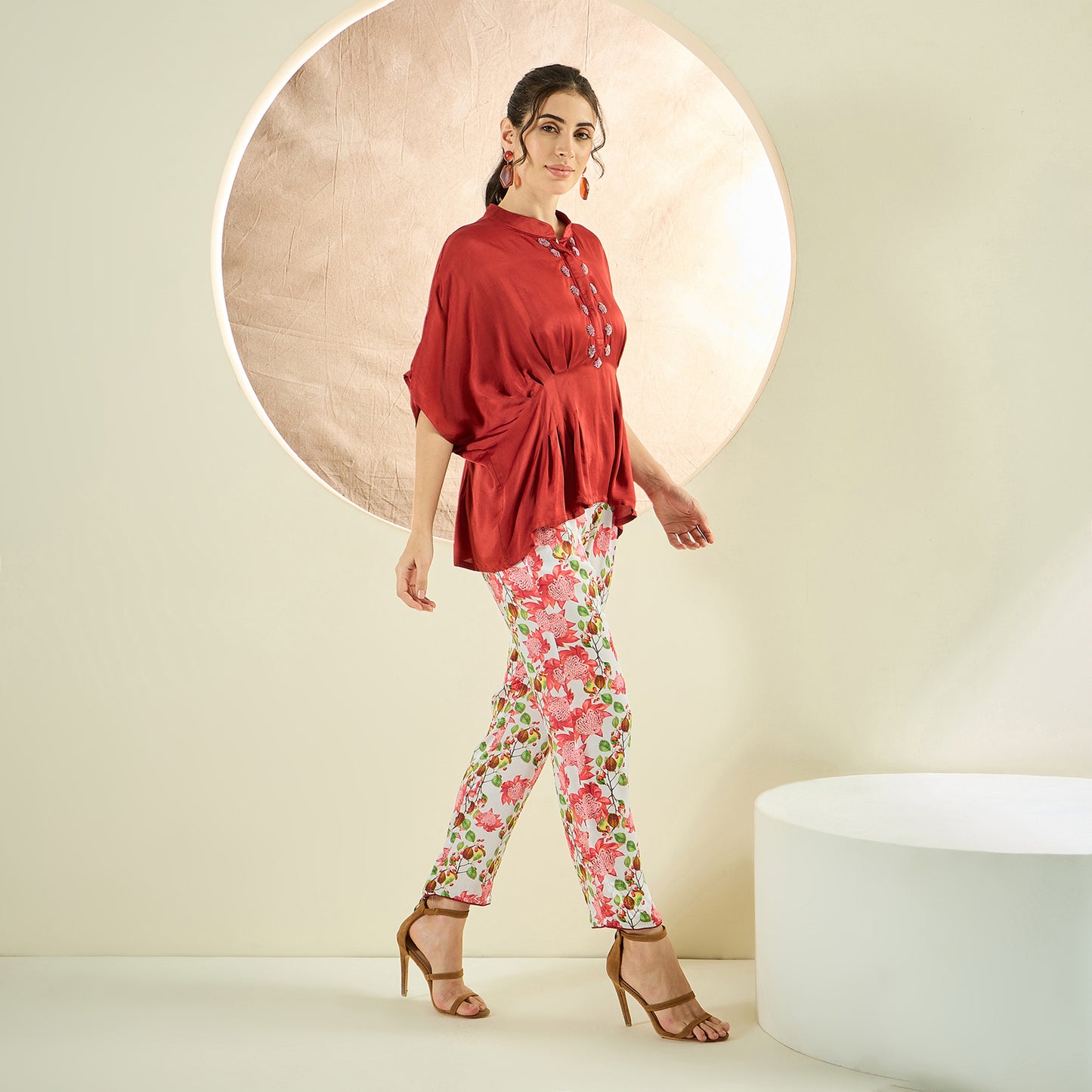 Rust Red Hand Embroidered Top and Floral Pants Set