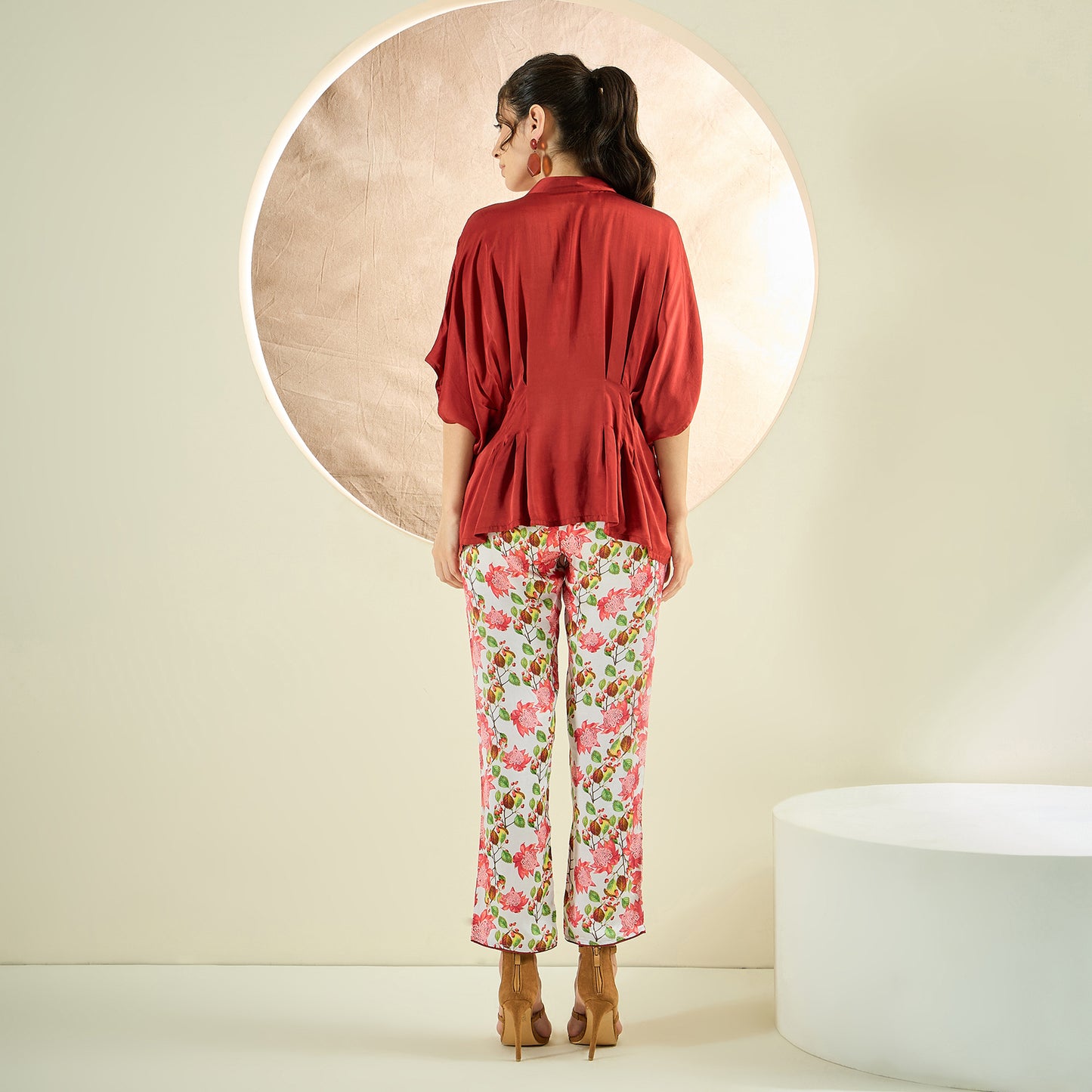 Rust Red Hand Embroidered Top and Floral Pants Set