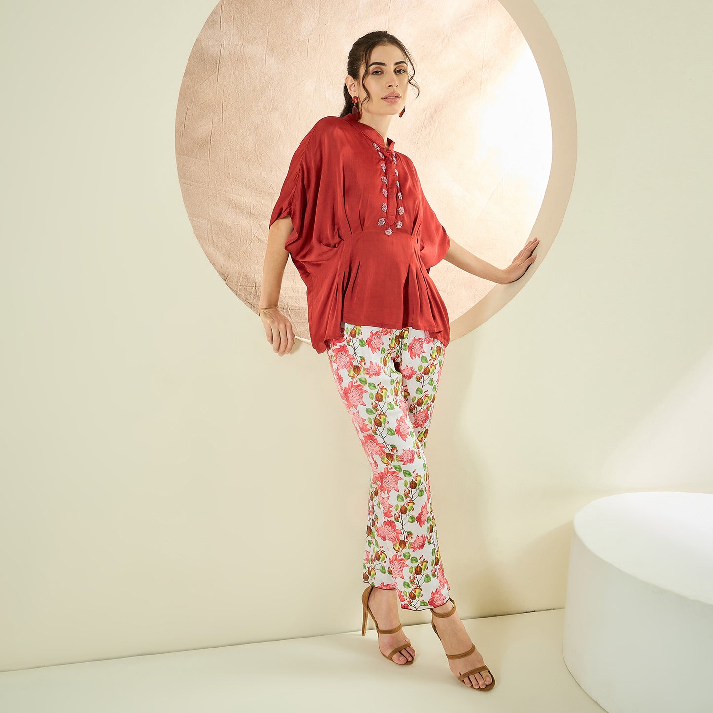 Rust Red Hand Embroidered Top and Floral Pants Set