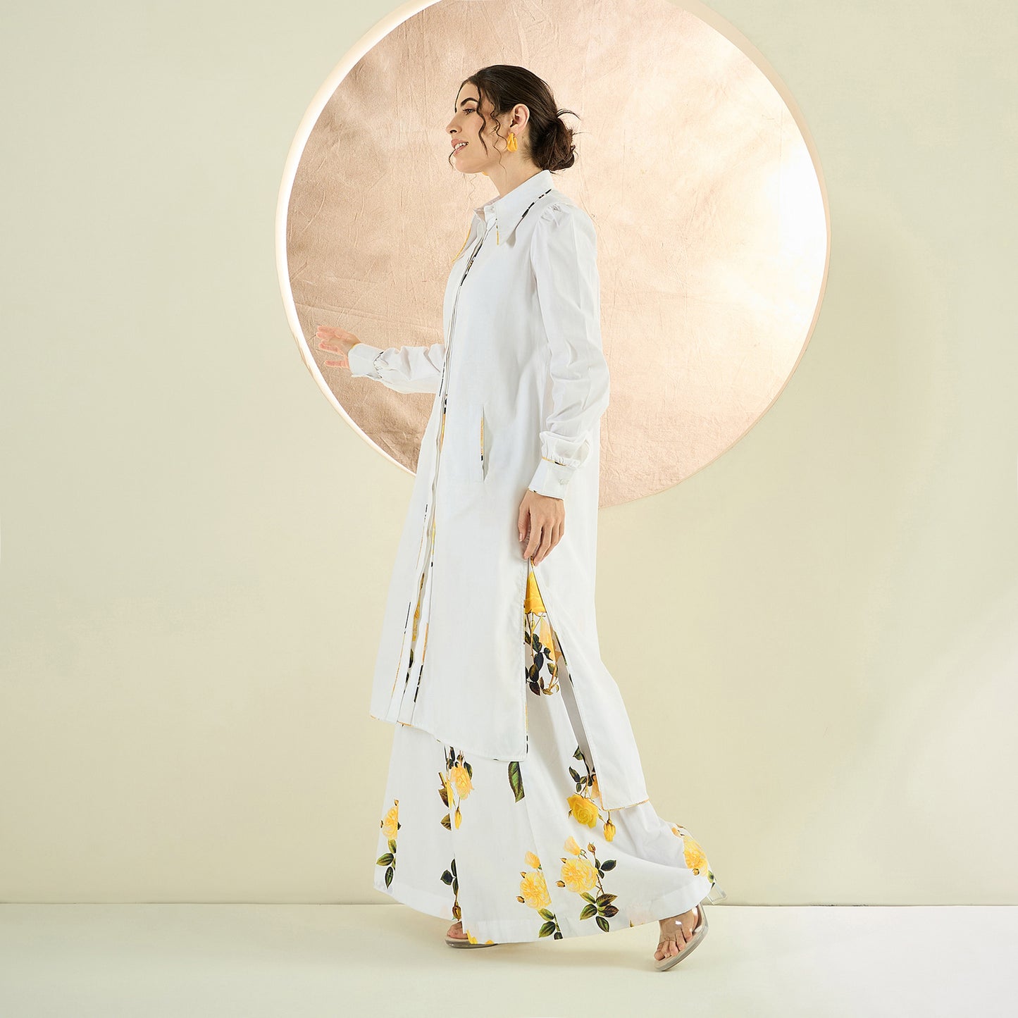 White and Yellow Long Cotton Jacket and Floral Wide Leg Pants Set