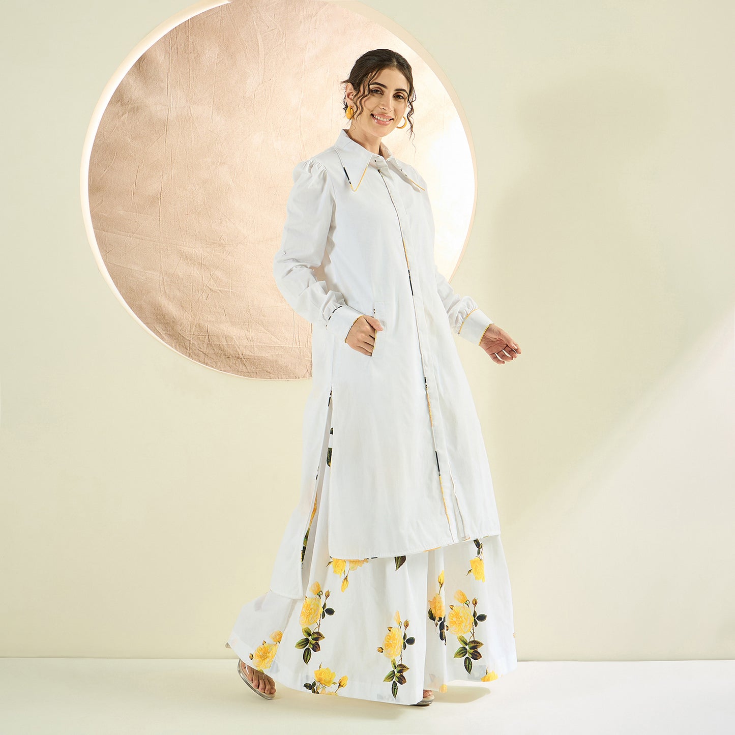White and Yellow Long Cotton Jacket and Floral Wide Leg Pants Set