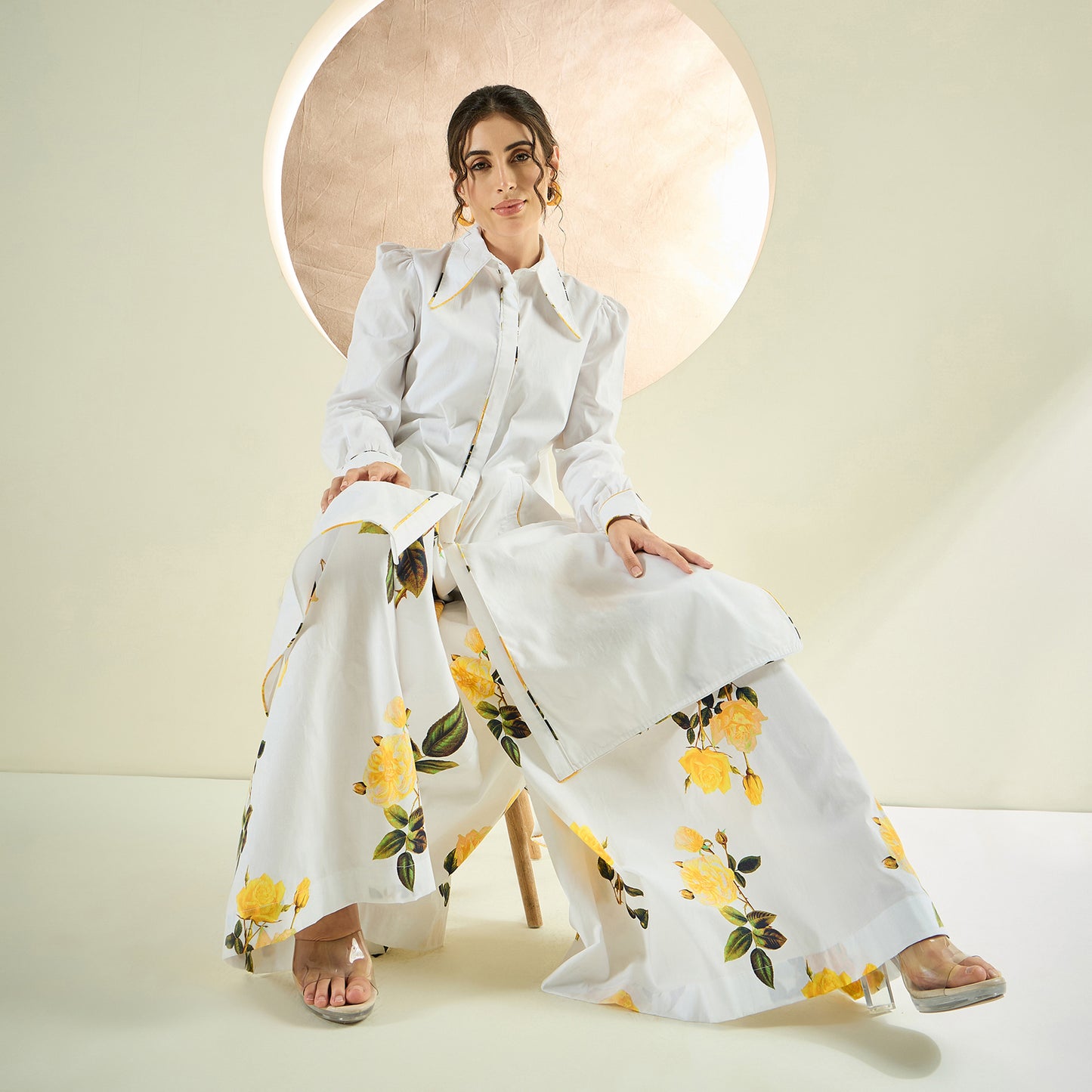 White and Yellow Long Cotton Jacket and Floral Wide Leg Pants Set
