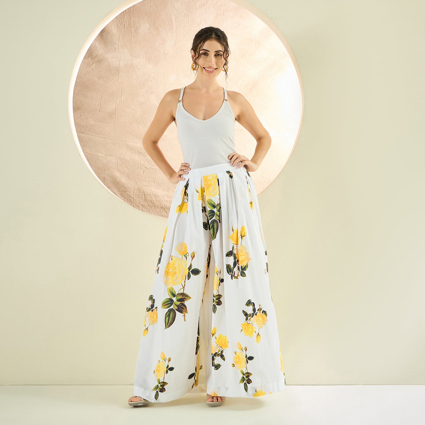 White and Yellow Long Cotton Jacket and Floral Wide Leg Pants Set