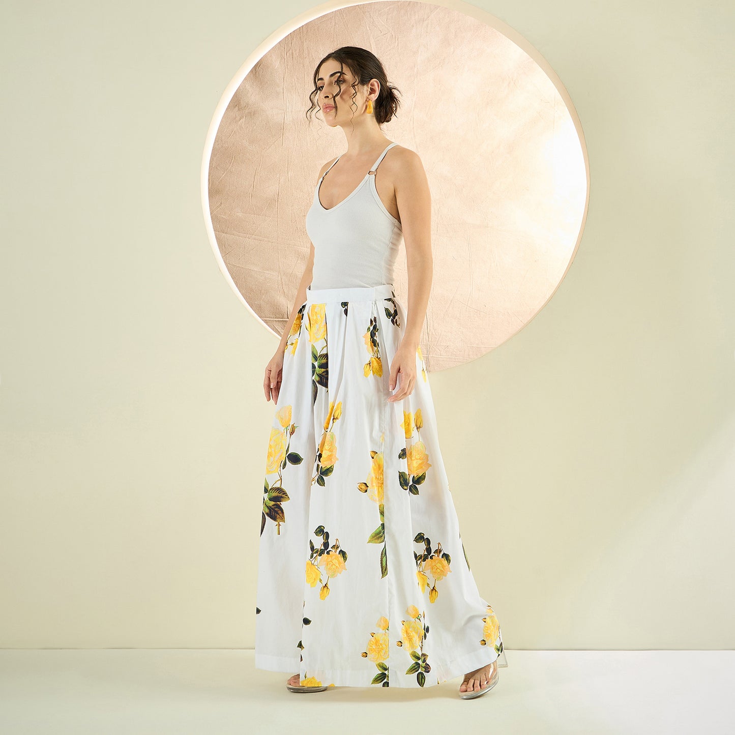 White and Yellow Long Cotton Jacket and Floral Wide Leg Pants Set