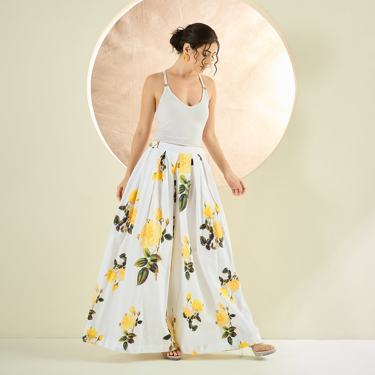 White and Yellow Long Cotton Jacket and Floral Wide Leg Pants Set