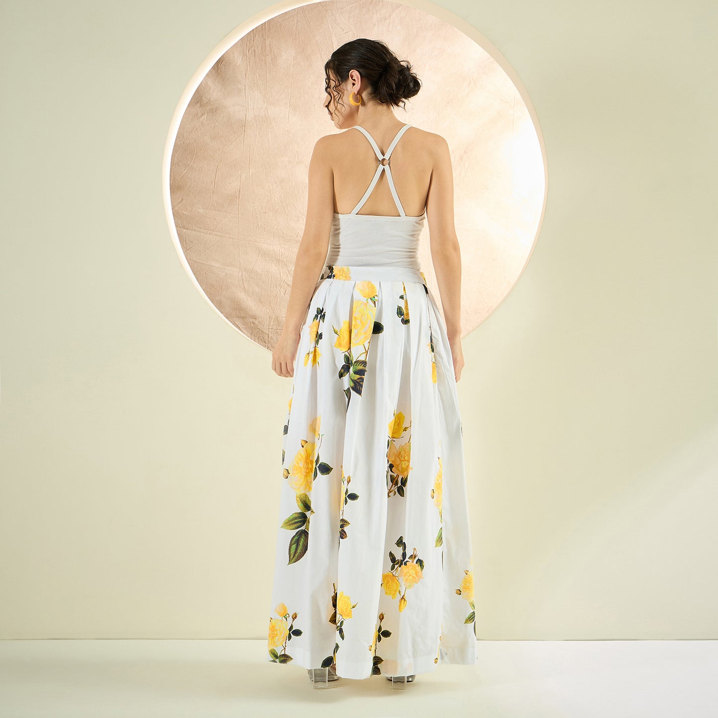 White and Yellow Long Cotton Jacket and Floral Wide Leg Pants Set