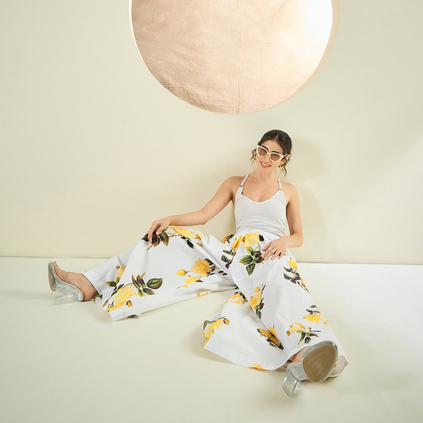 White and Yellow Long Cotton Jacket and Floral Wide Leg Pants Set