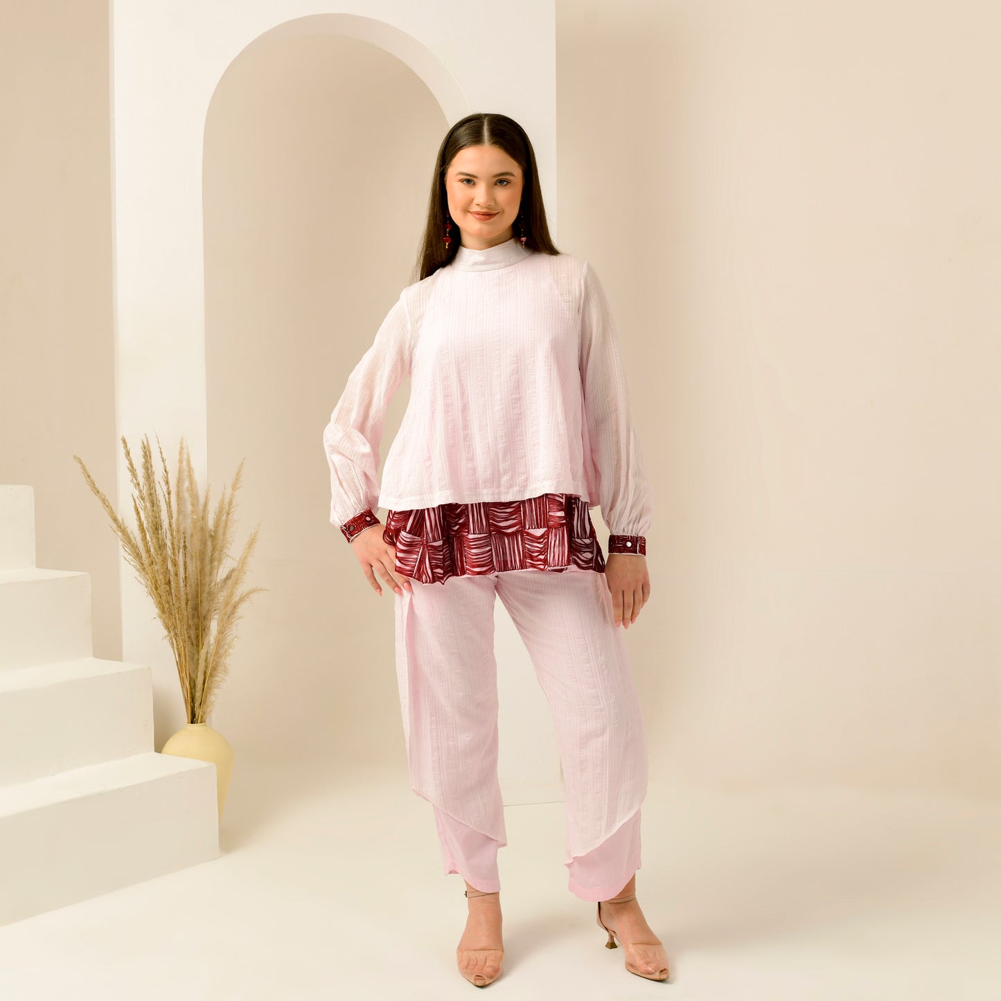 Pink and Red Hand Embroidered High Neck Top and Layered Trouser Set