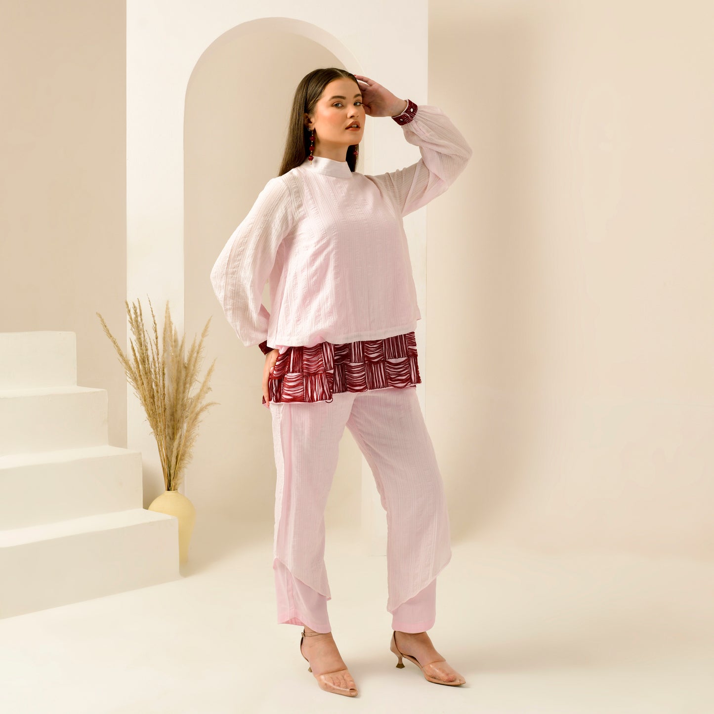 Pink and Red Hand Embroidered High Neck Top and Layered Trouser Set