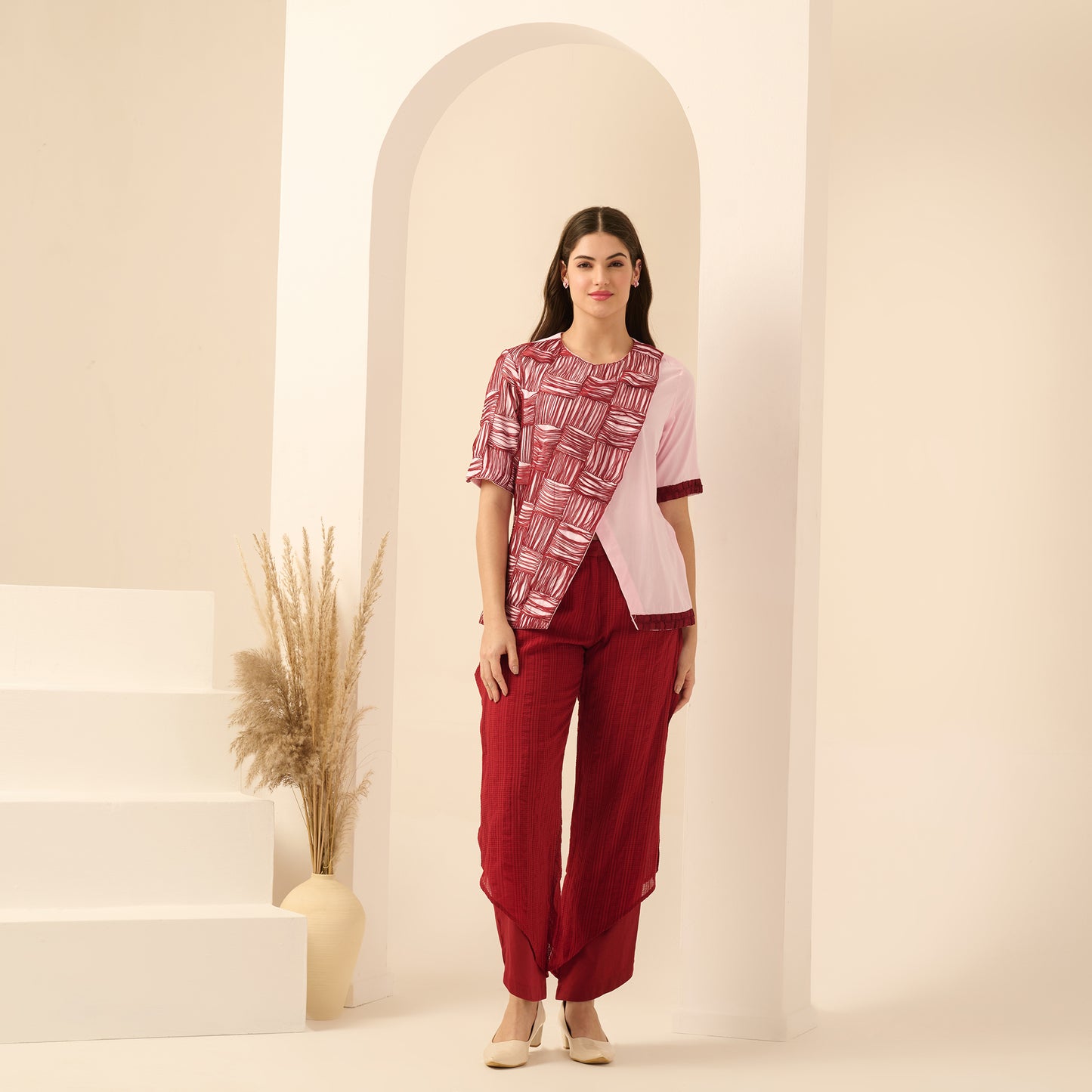 Pink and Red Hand Embroidered Overlap Top and Layered Trouser Set