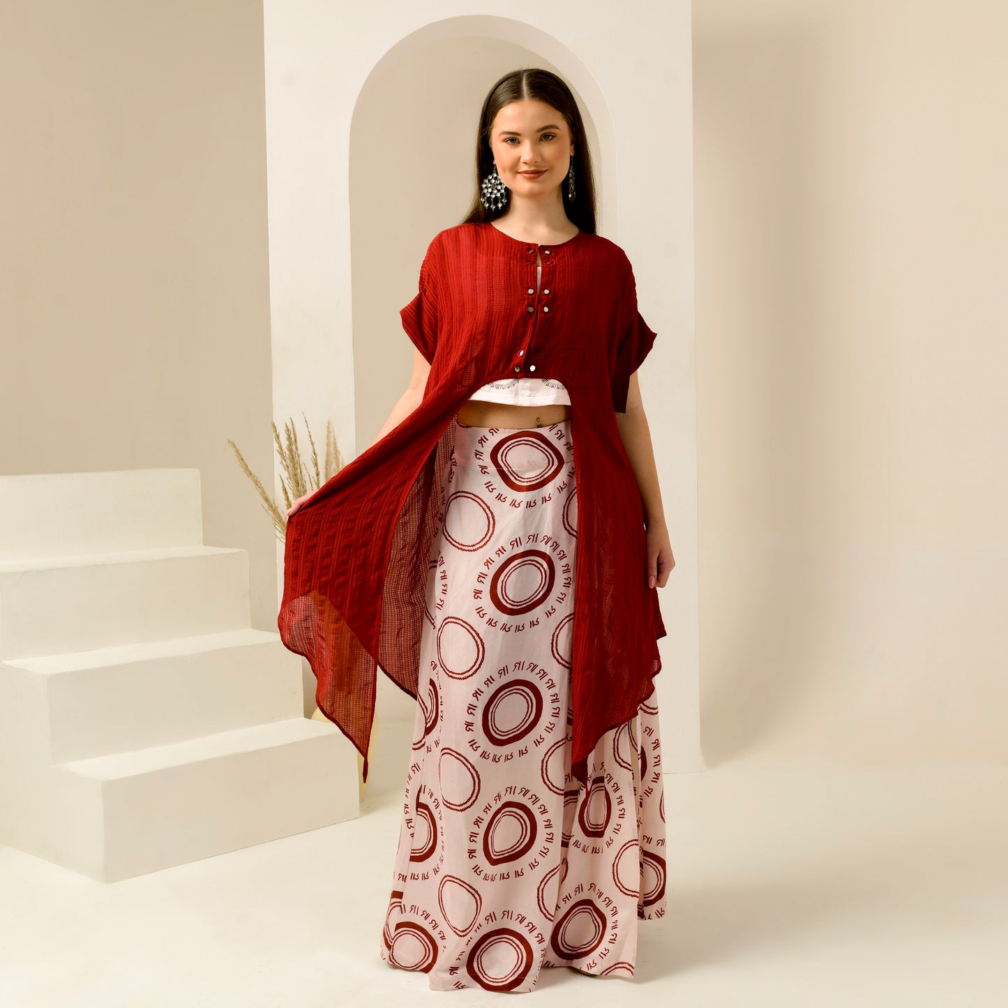 Pink and Red Hand Embroidered Cover-Up and Crop Top with Maa Print Full Length Skirt Set