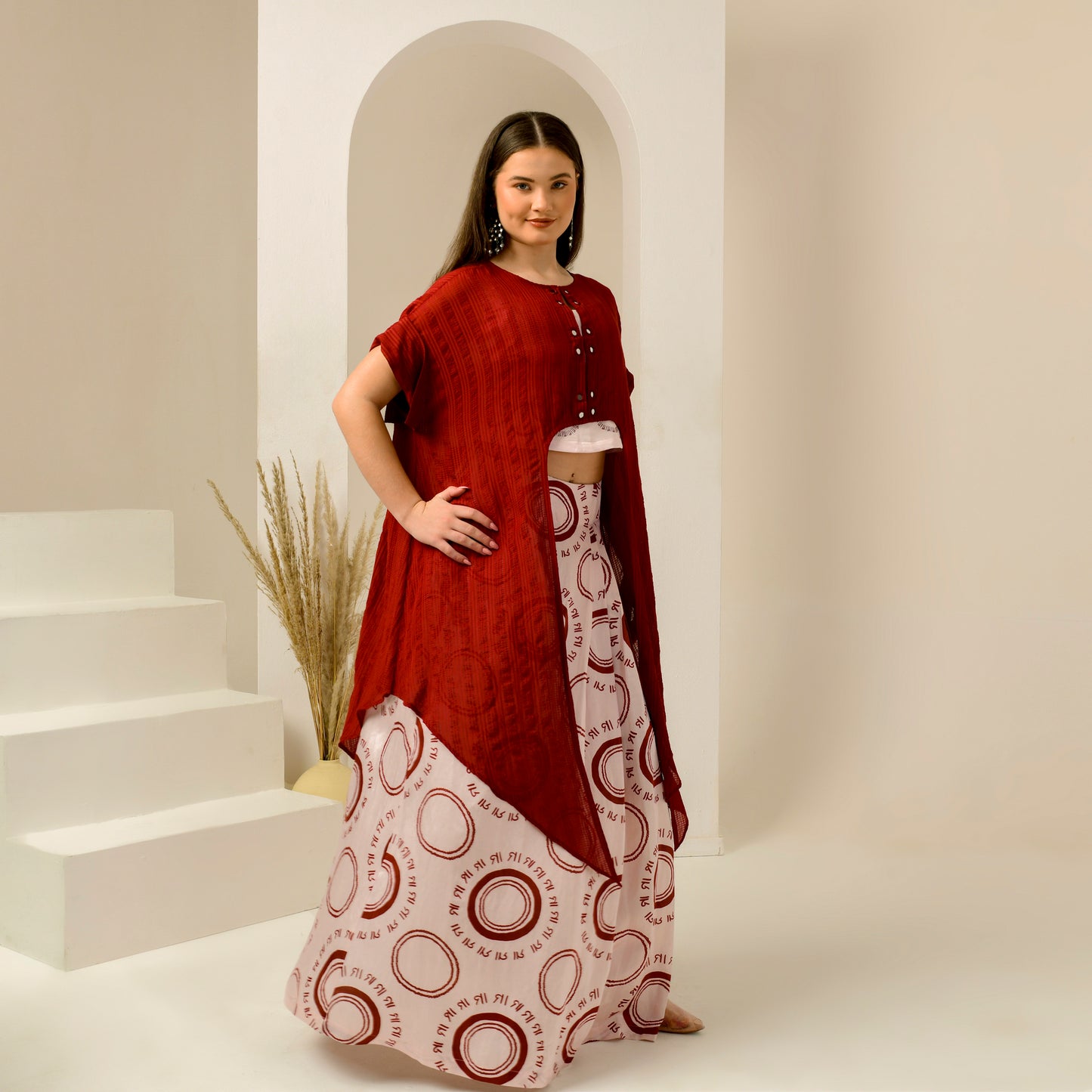 Pink and Red Hand Embroidered Cover-Up and Crop Top with Maa Print Full Length Skirt Set