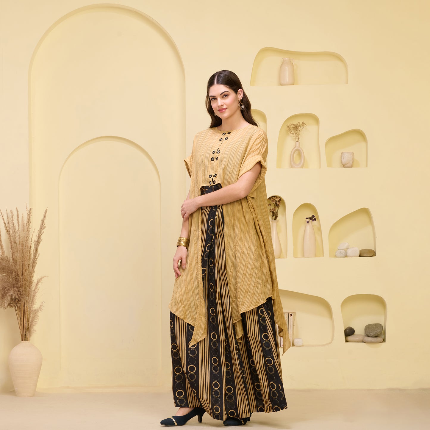 Black and Golden Hand Embroidered Cover-Up and Crop Top with Powerful Stripe Print Full Length Skirt Set