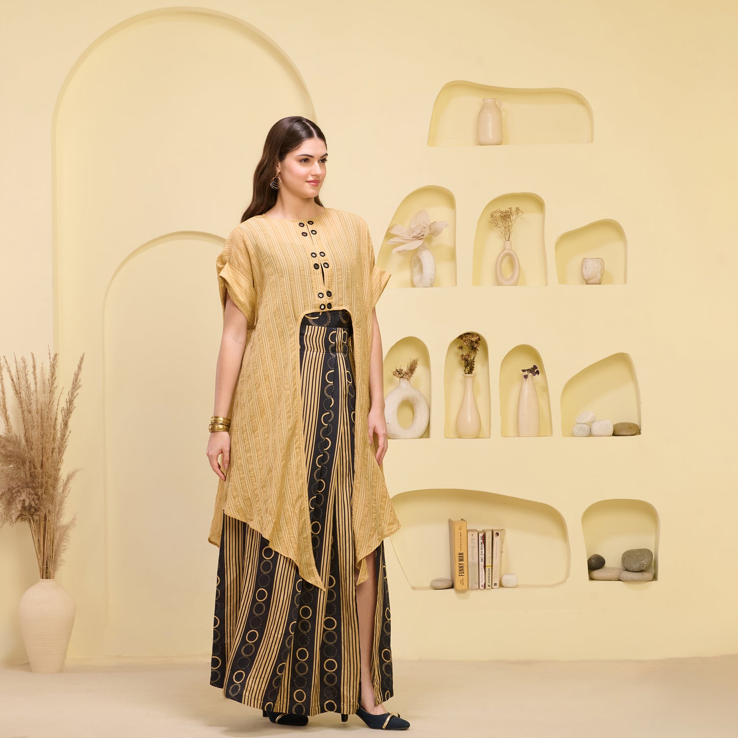 Black and Golden Hand Embroidered Cover-Up and Crop Top with Powerful Stripe Print Full Length Skirt Set