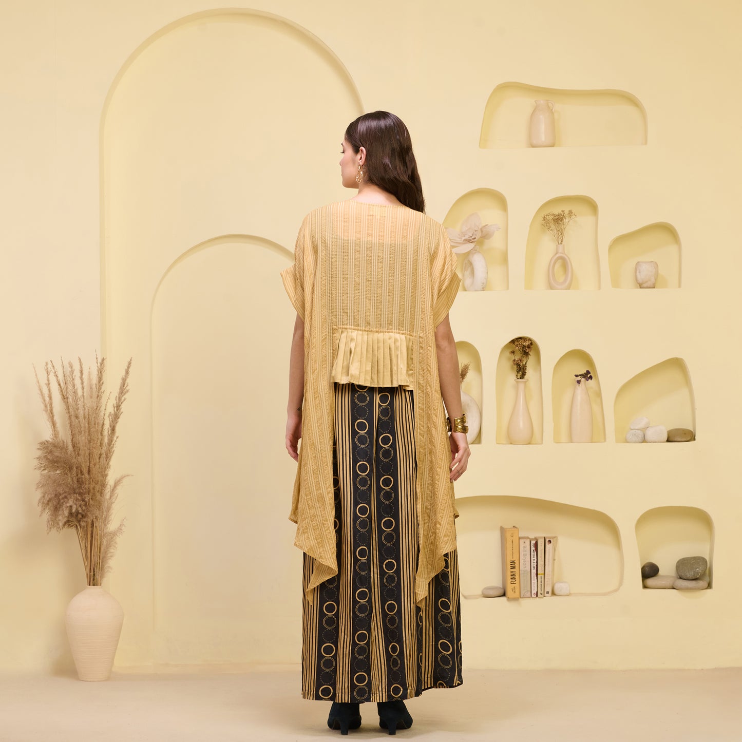 Black and Golden Hand Embroidered Cover-Up and Crop Top with Powerful Stripe Print Full Length Skirt Set