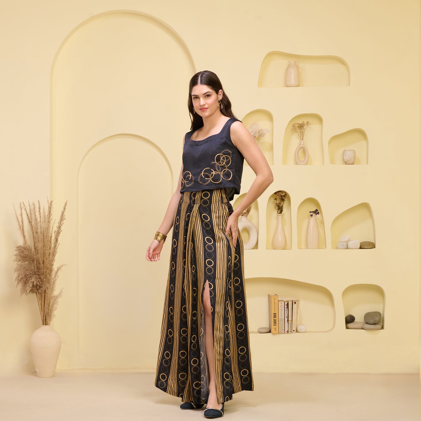 Black and Golden Hand Embroidered Cover-Up and Crop Top with Powerful Stripe Print Full Length Skirt Set