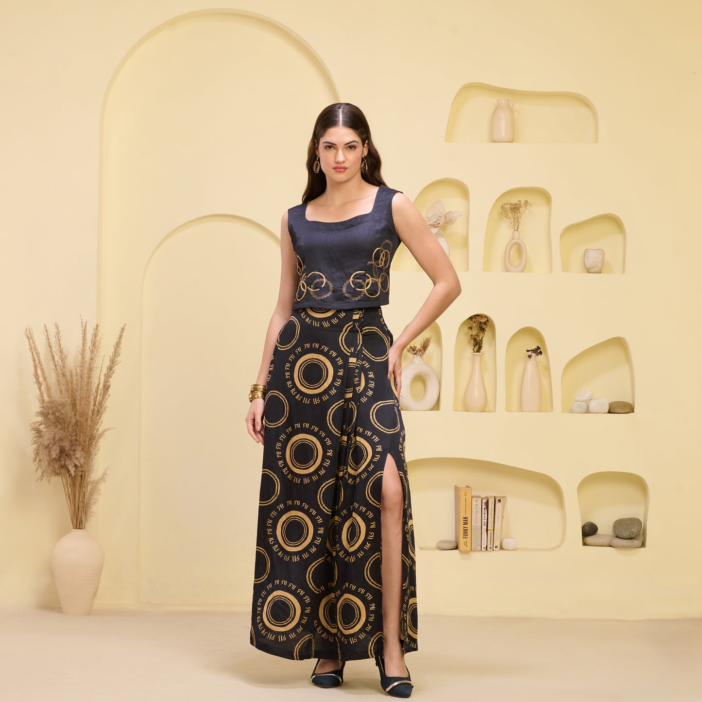 Black and Golden Hand Embroidered Crop Top and Maa Print Full Length Skirt with Front Slit Set