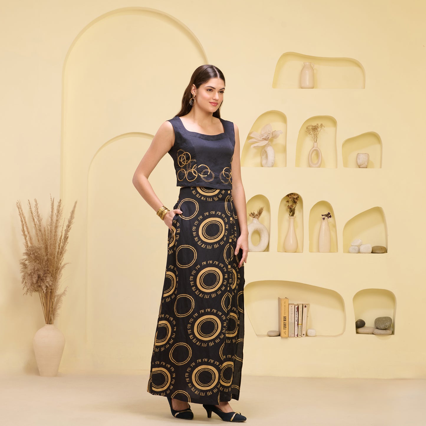 Black and Golden Hand Embroidered Crop Top and Maa Print Full Length Skirt with Front Slit Set