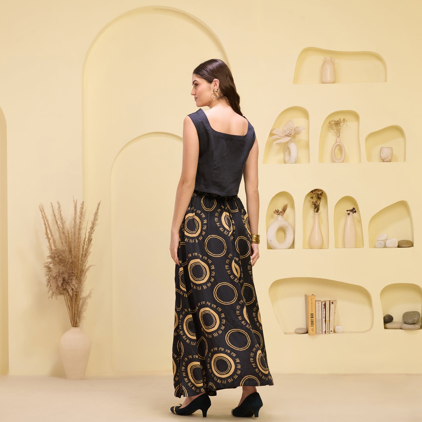 Black and Golden Hand Embroidered Crop Top and Maa Print Full Length Skirt with Front Slit Set