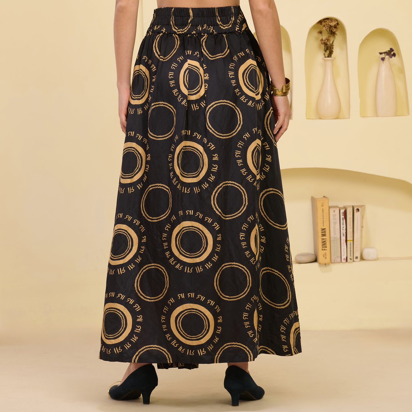 Black and Golden Hand Embroidered Crop Top and Maa Print Full Length Skirt with Front Slit Set