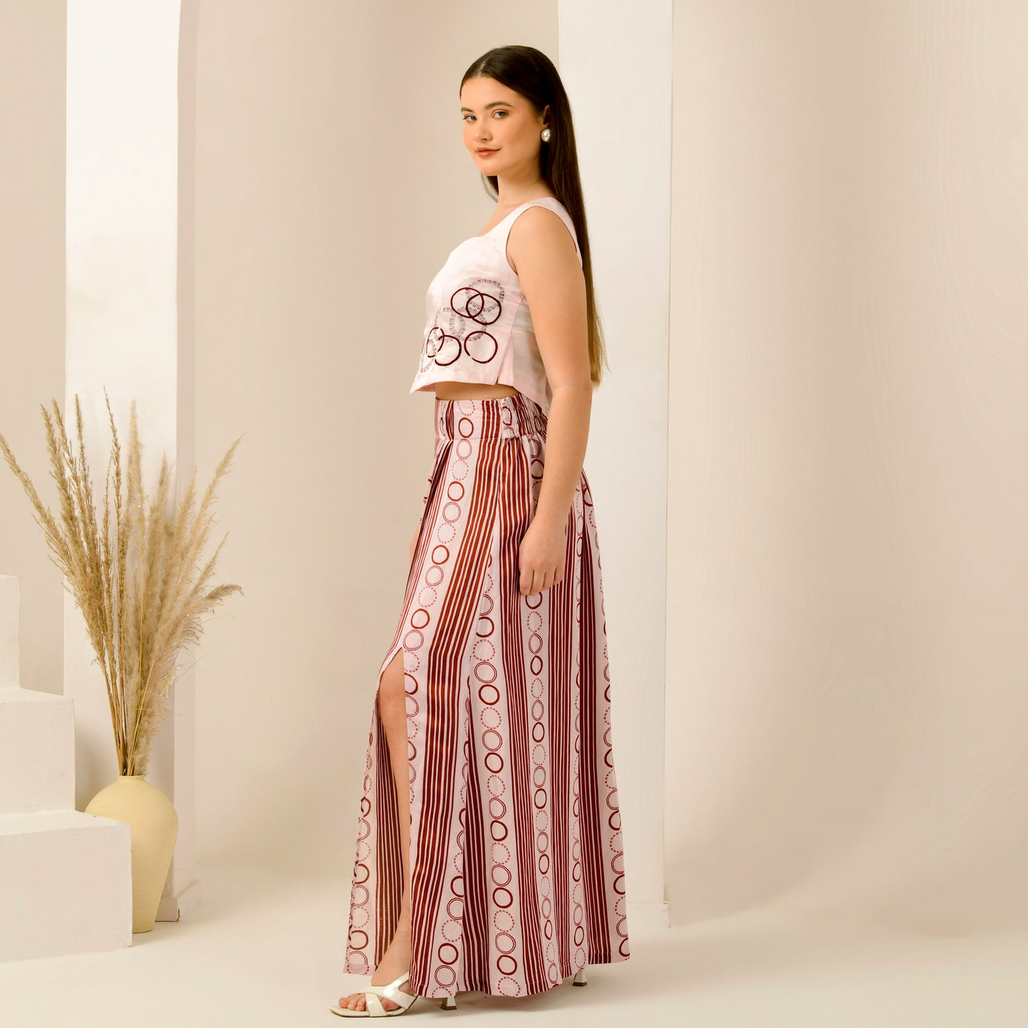 Pink and Red Hand Embroidered Crop Top and Powerful Stripe Print Full Length Skirt with Front Slit Set