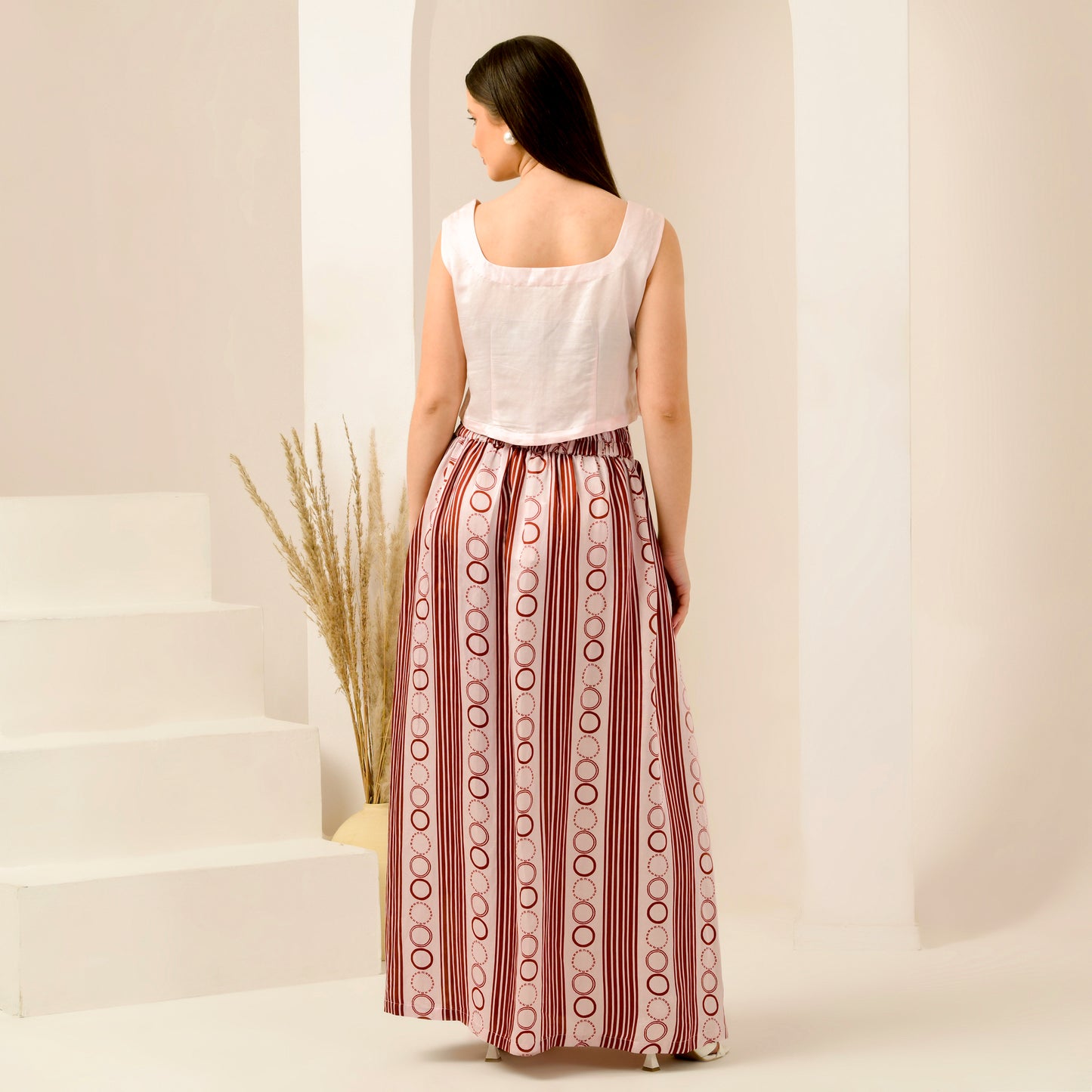Pink and Red Hand Embroidered Crop Top and Powerful Stripe Print Full Length Skirt with Front Slit Set