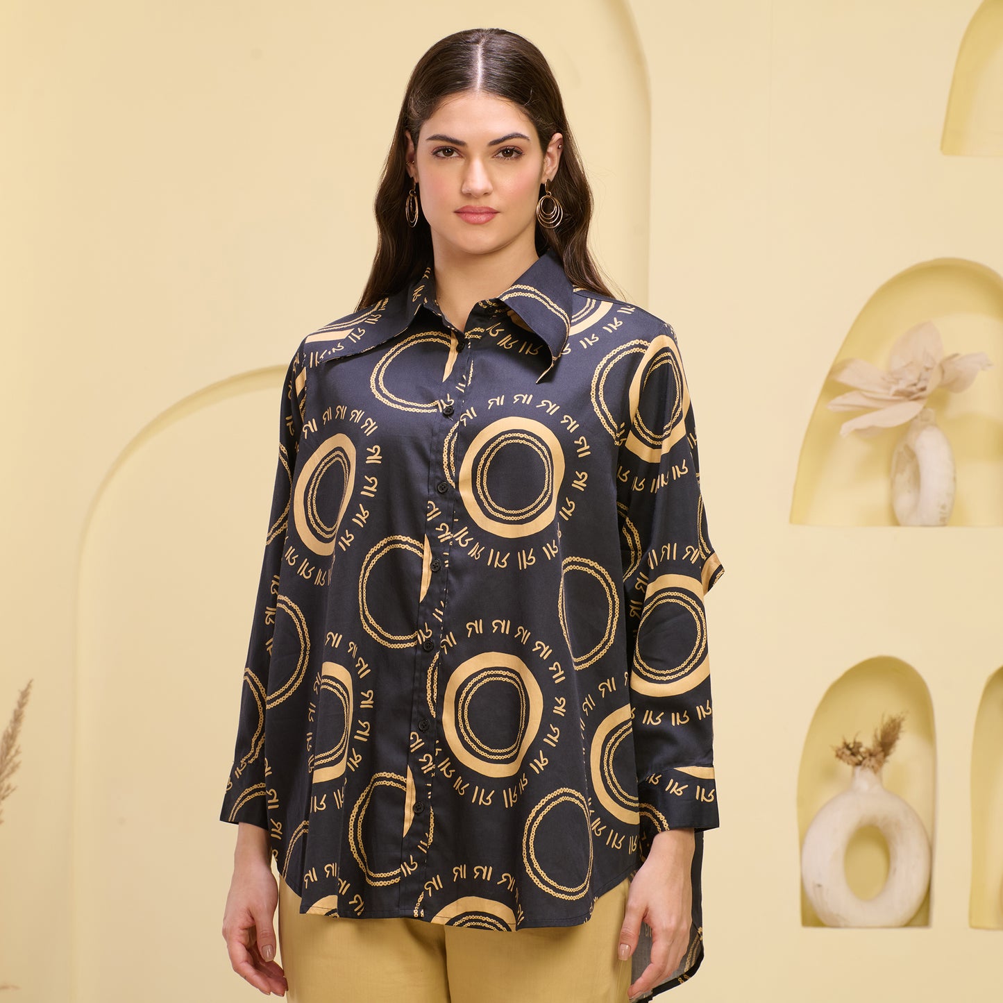 Black and Golden Maa Print Shirt with Cutout Sleeves and Folded Hem Straight Trouser Set