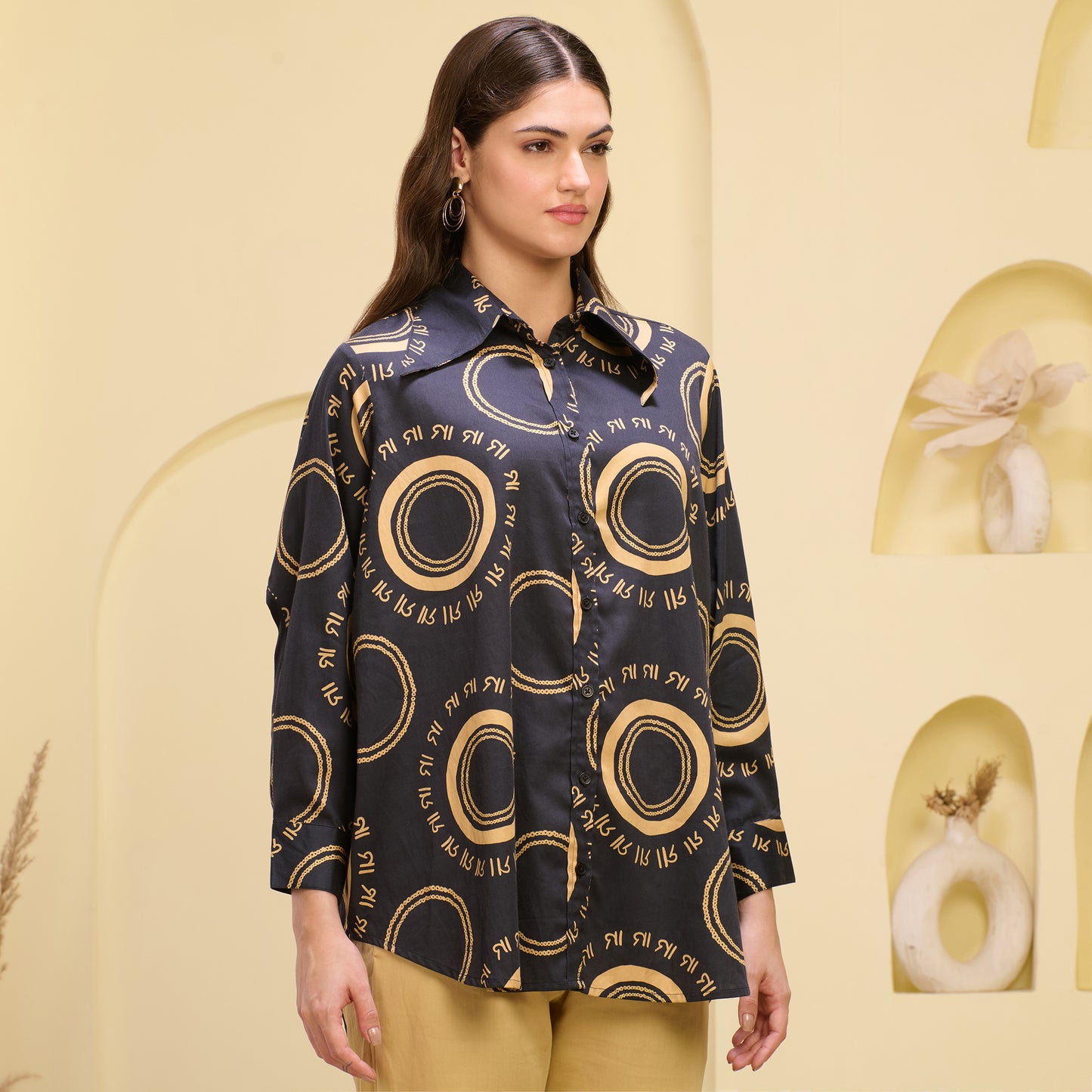 Black and Golden Maa Print Shirt with Cutout Sleeves and Folded Hem Straight Trouser Set