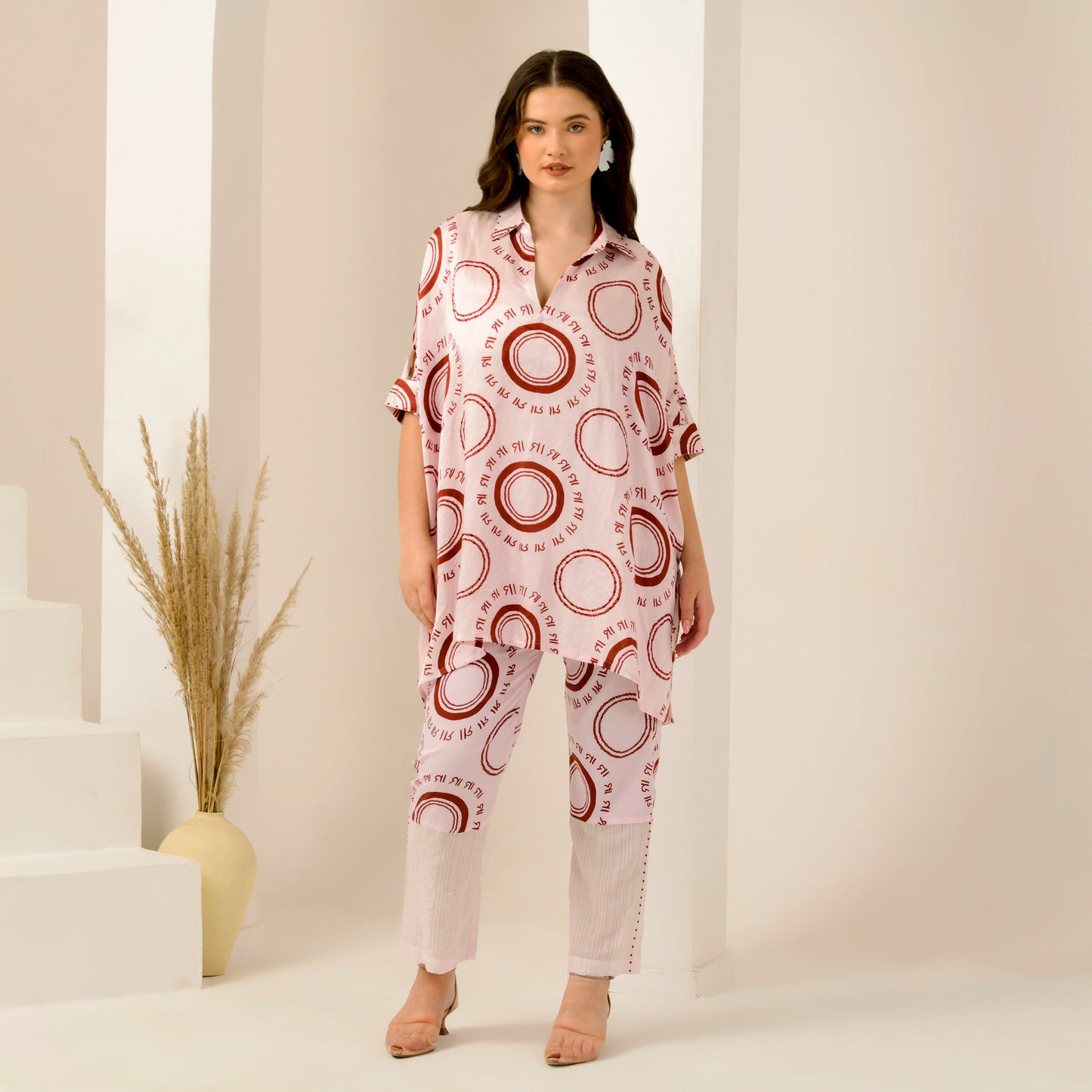 Pink and Red Maa Print Embellished Kaftan Top and Straight Trouser Set