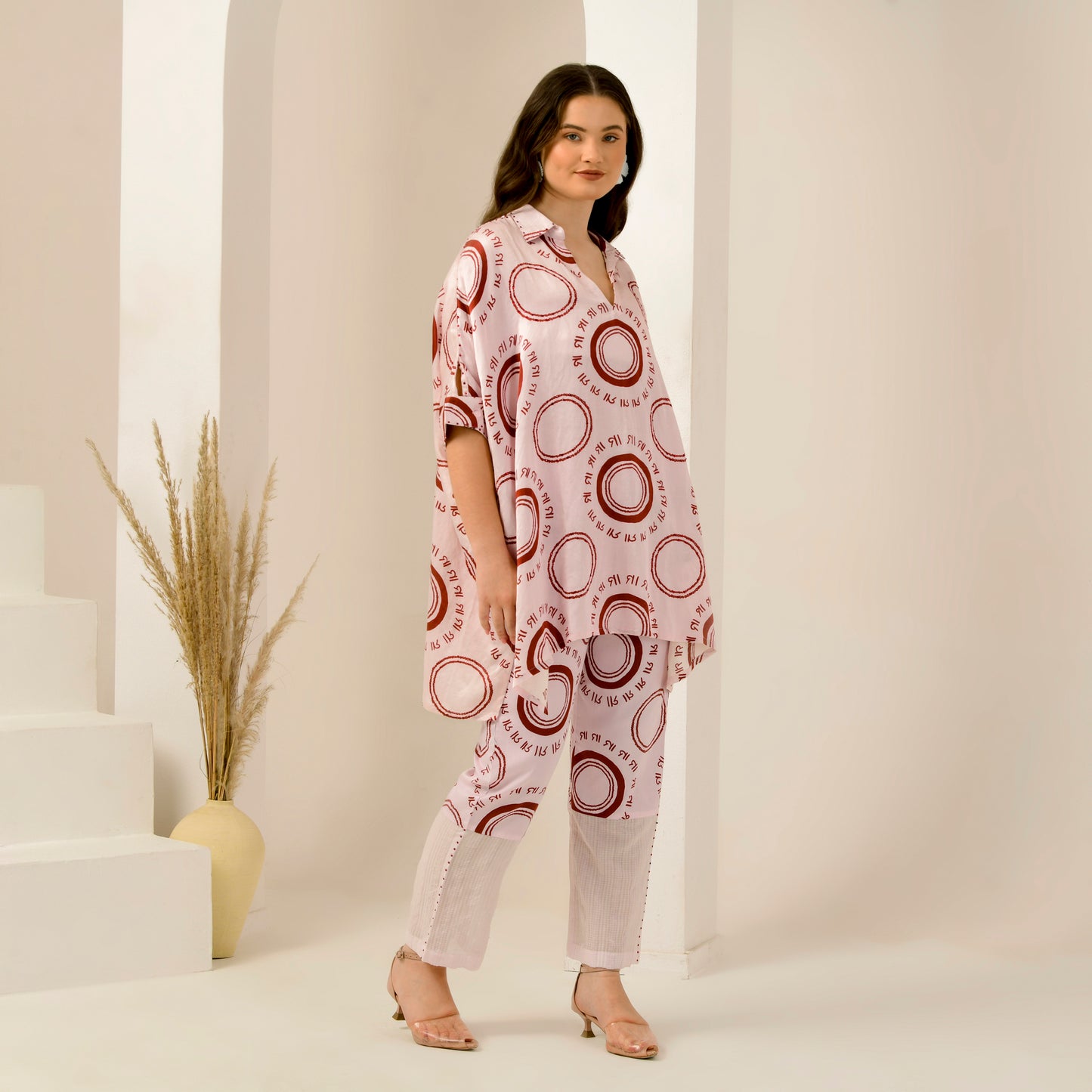 Pink and Red Maa Print Embellished Kaftan Top and Straight Trouser Set