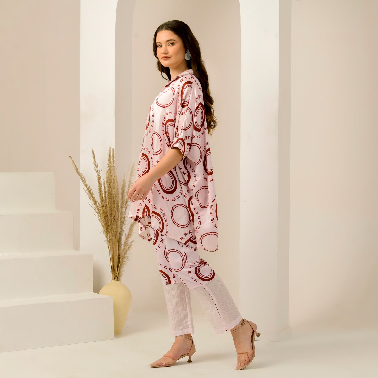 Pink and Red Maa Print Embellished Kaftan Top and Straight Trouser Set