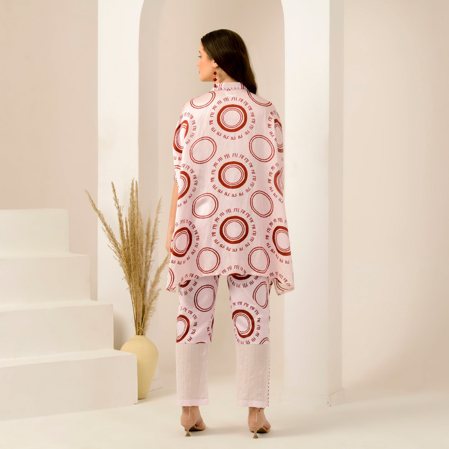 Pink and Red Maa Print Embellished Kaftan Top and Straight Trouser Set