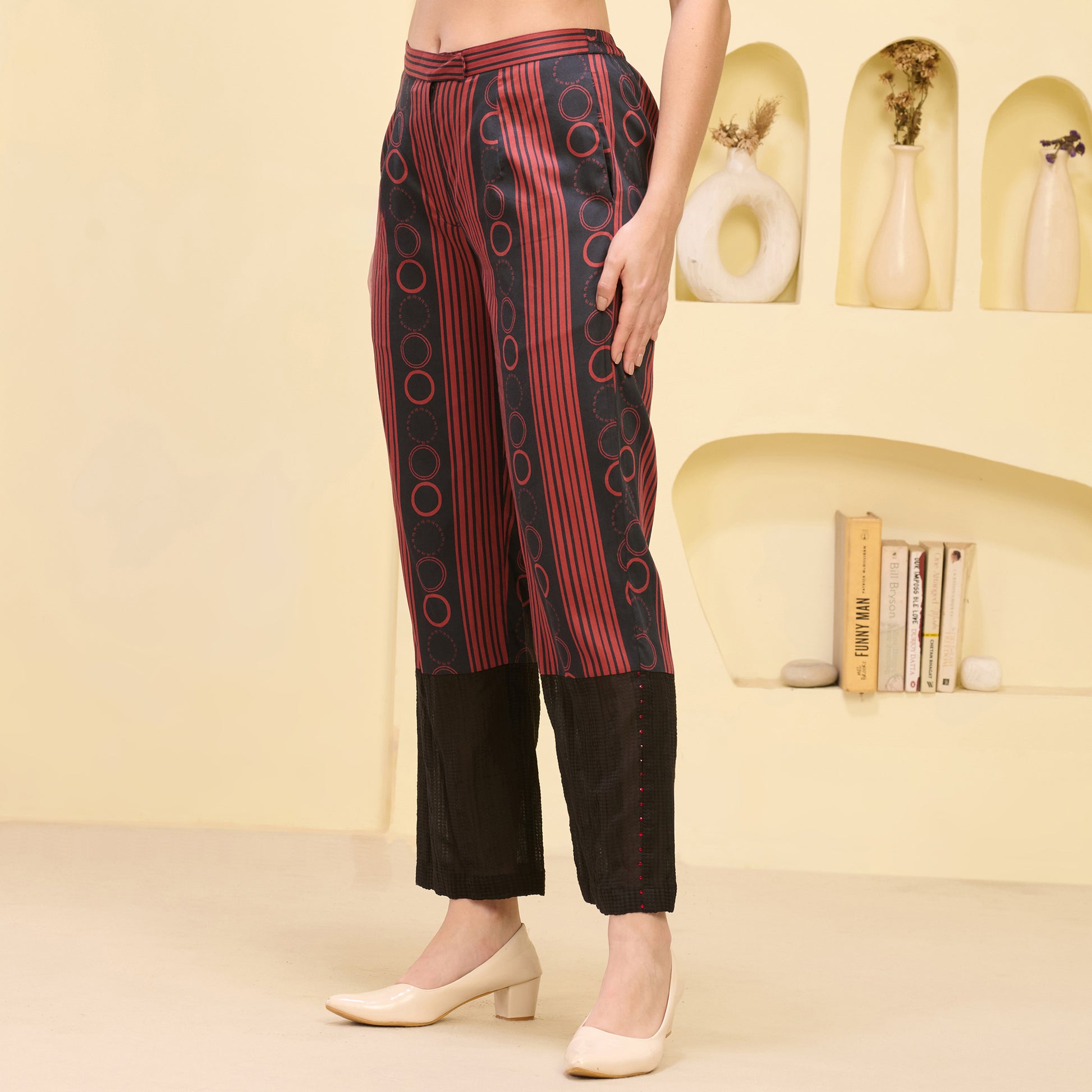 Black and Red Powerful Stripe Print Embellished Kaftan Top and Straight Trouser Set XS