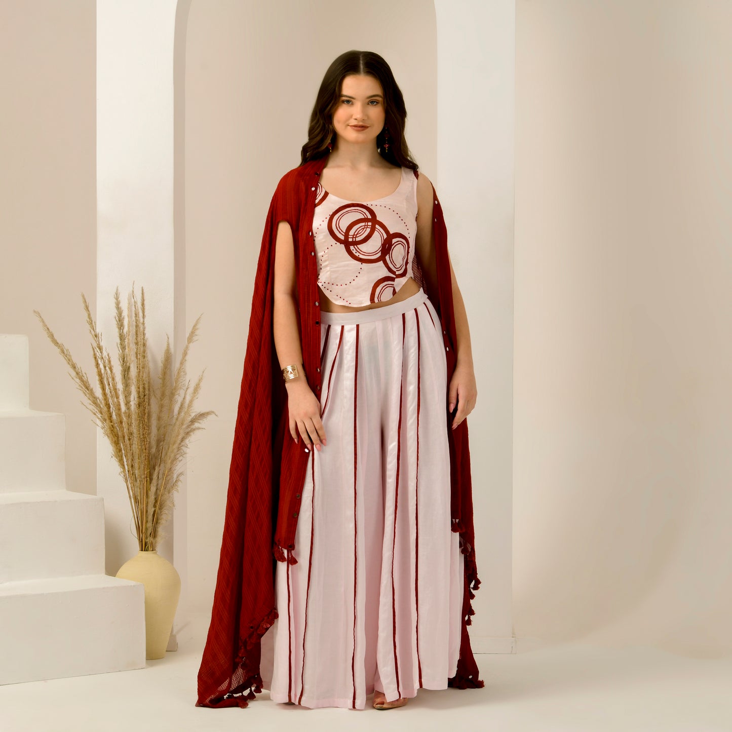Pink and Red Hand Embroidered Shrug with Embellished Powerful Print Crop Top and Wide Leg Pleated Palazzo Set