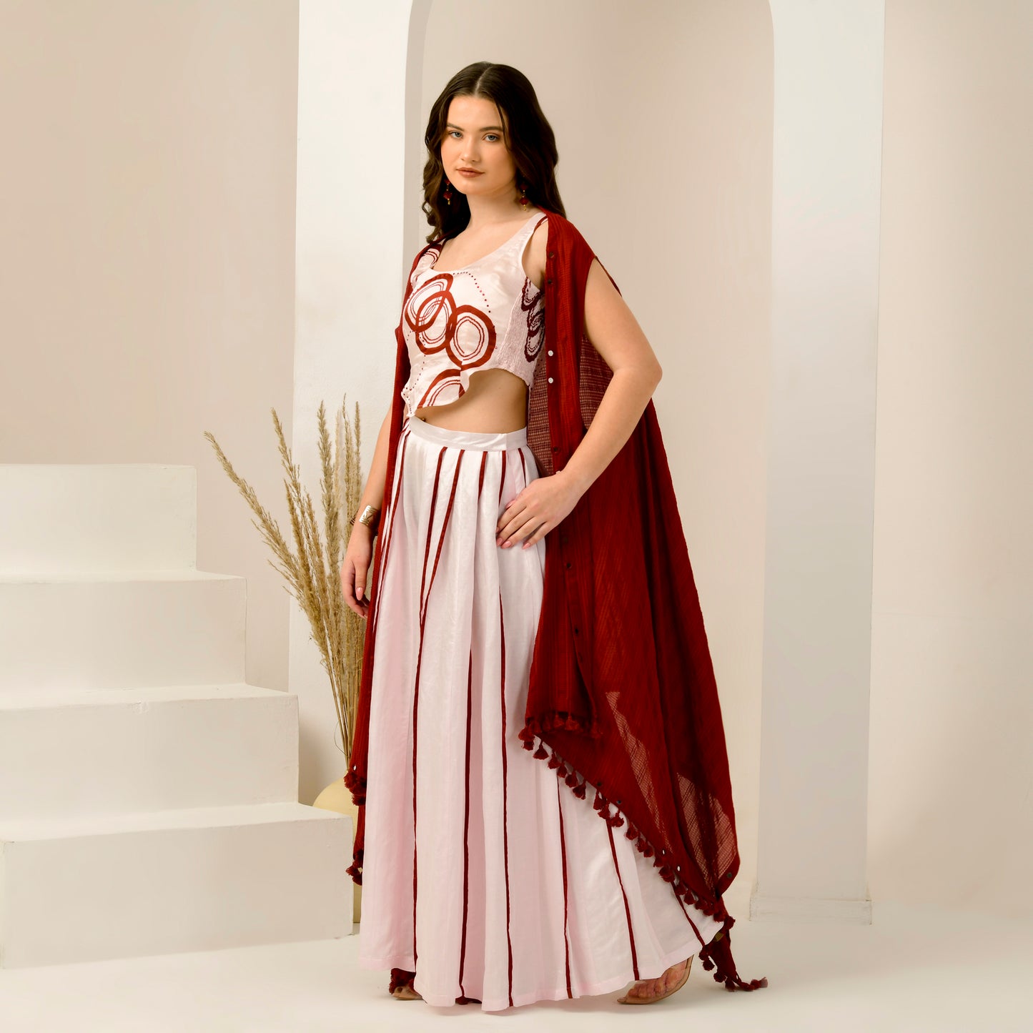 Pink and Red Hand Embroidered Shrug with Embellished Powerful Print Crop Top and Wide Leg Pleated Palazzo Set