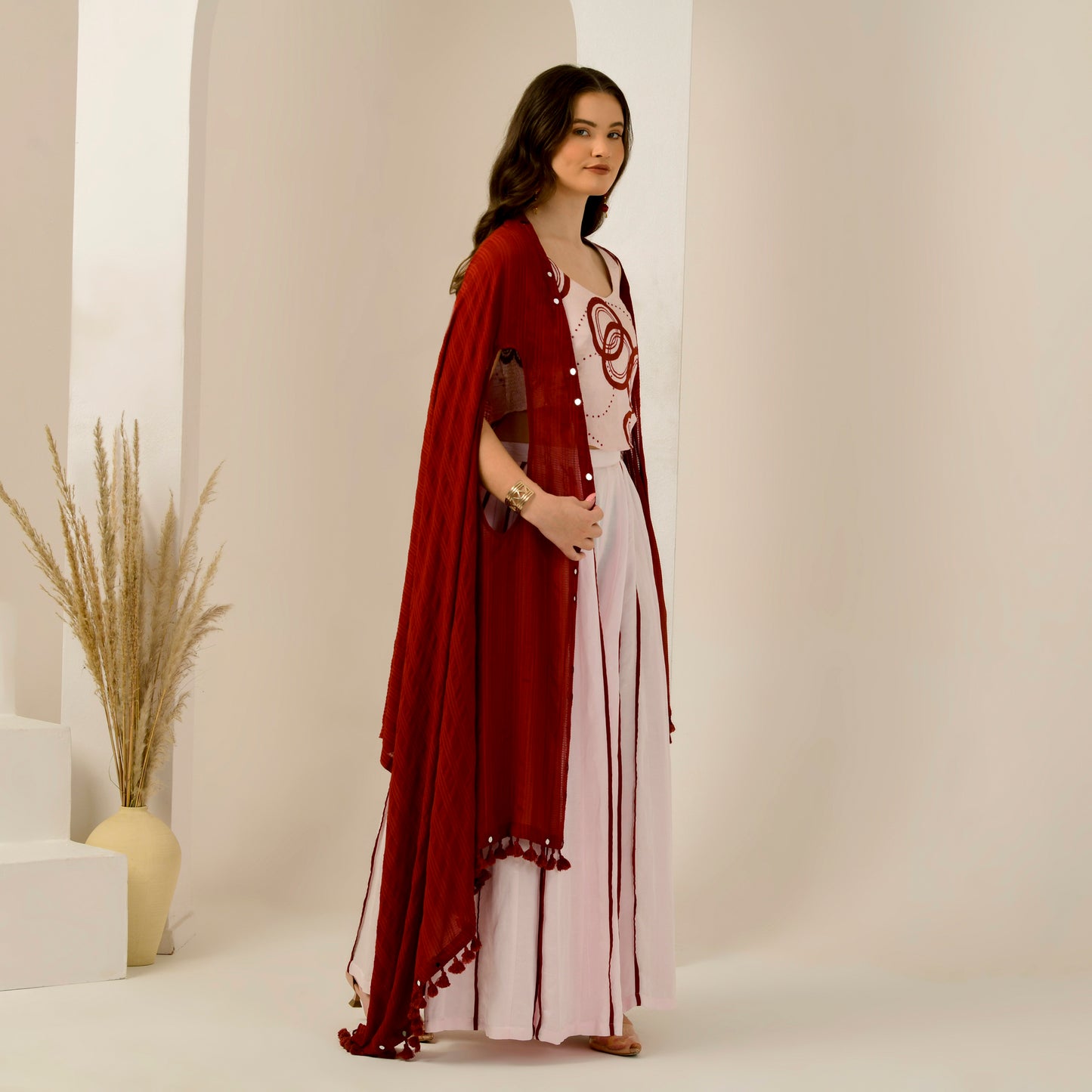 Pink and Red Hand Embroidered Shrug with Embellished Powerful Print Crop Top and Wide Leg Pleated Palazzo Set