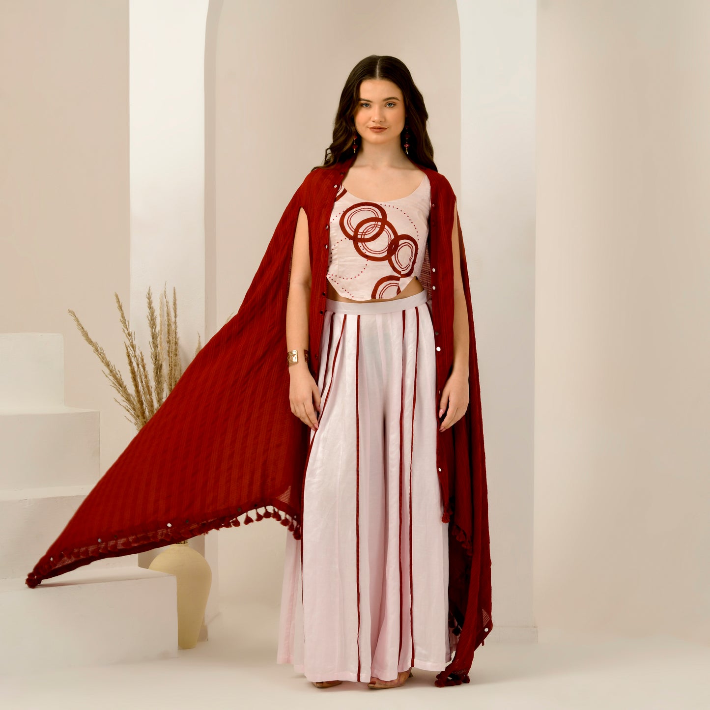 Pink and Red Hand Embroidered Shrug with Embellished Powerful Print Crop Top and Wide Leg Pleated Palazzo Set