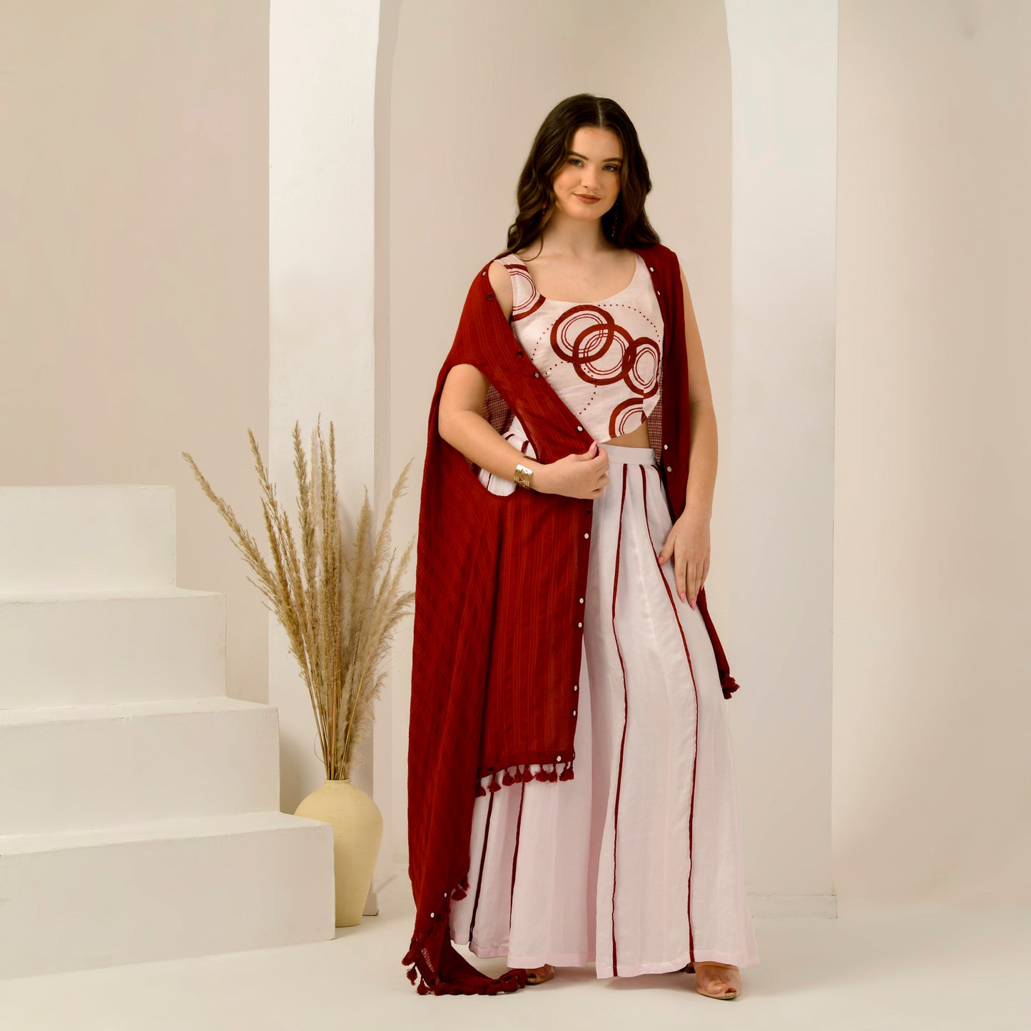 Pink and Red Hand Embroidered Shrug with Embellished Powerful Print Crop Top and Wide Leg Pleated Palazzo Set