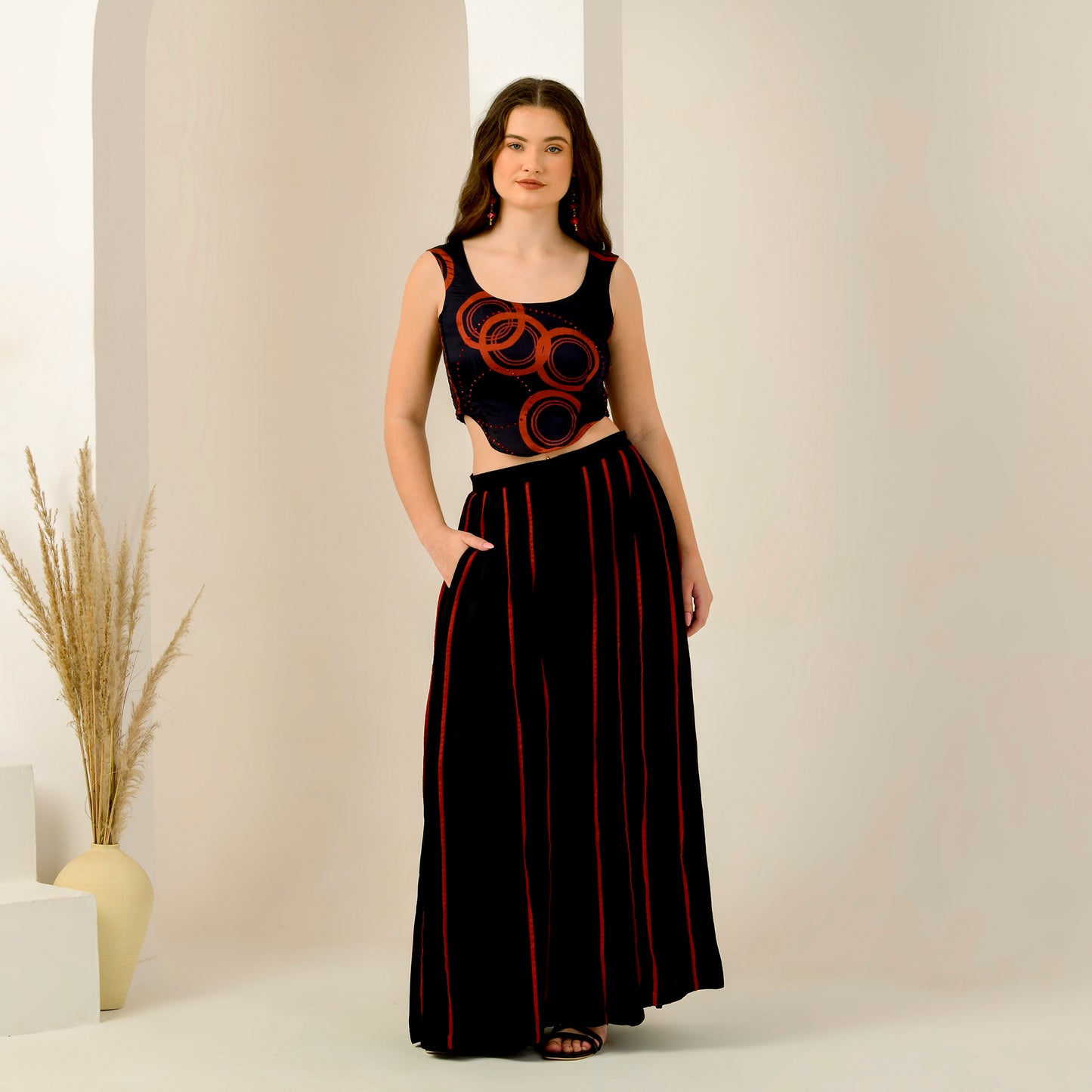 Black and Red Embellished Powerful Print Crop Top and Wide Leg Pleated Palazzo Set